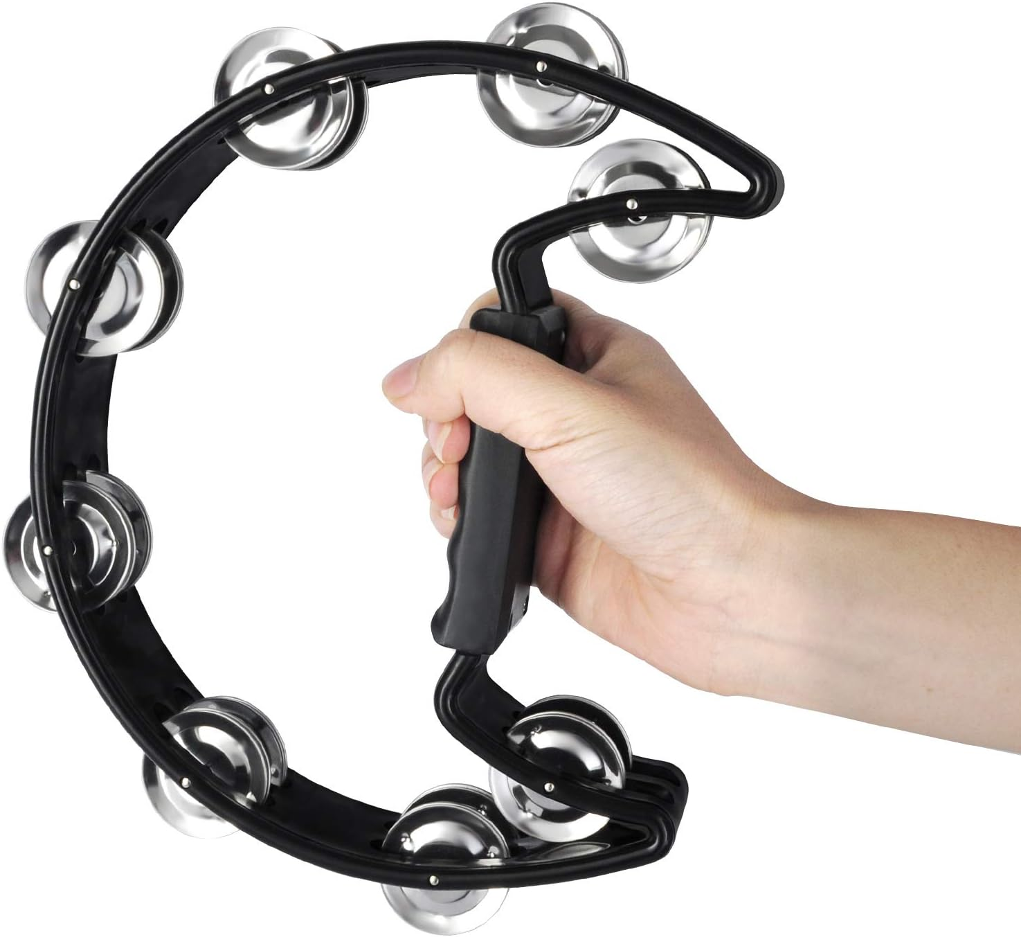 EASTROCK Single Row Tambourine Metal Jingles Hand-Held Percussion Half-Moon ABS Frame Grip Tambourine for Adults & Kids, Stage, Classroom, KTV, Black image number 4