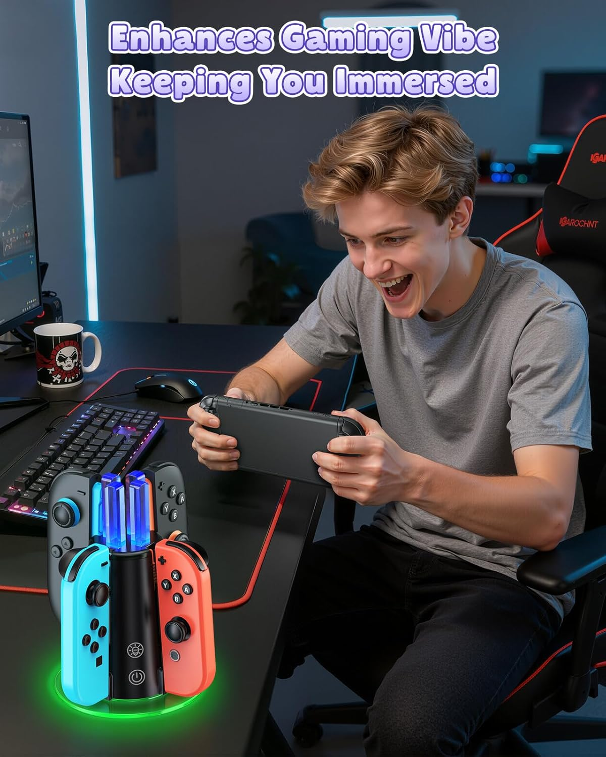 [Switch 2/1 Both] Controller Charger Dock Station, 8 in 1 Dual-Direction Magnetic Vertical Charging Stand for Joycon 2 Witch Transparent Acrylic Display Base & LED Indicators for Nintendo Switch 2/1