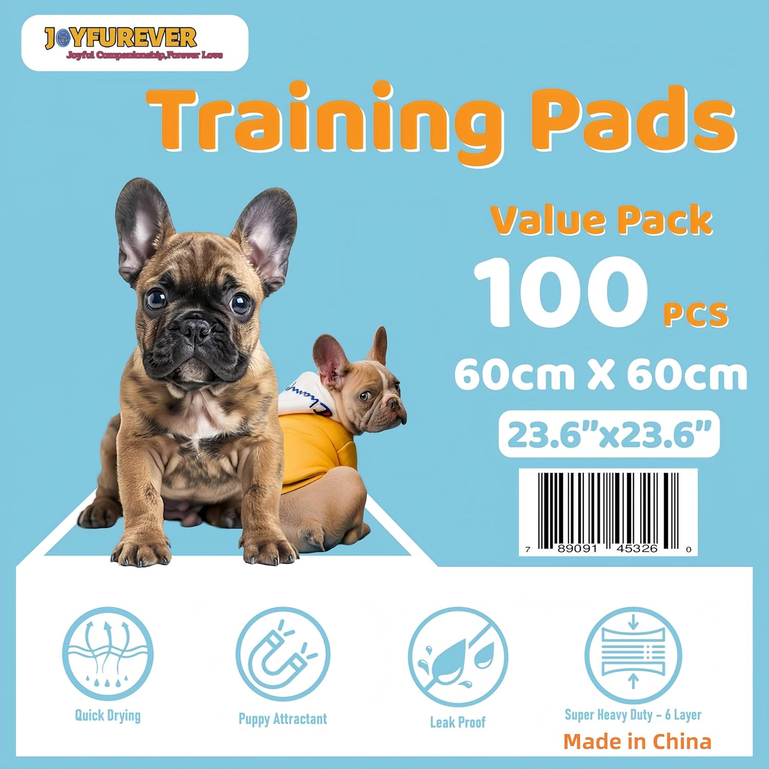 Joyfurever Dog and Puppy Pet Training Pad, Pee Pads,Leakproof, 6 Layers, Quick Absorbency, Regular Size, 23.6 X 23.6 Inches (60Cm*60Cm), Value Pack of 100Pcs, Multi-Function for Pets, Kids, Adults