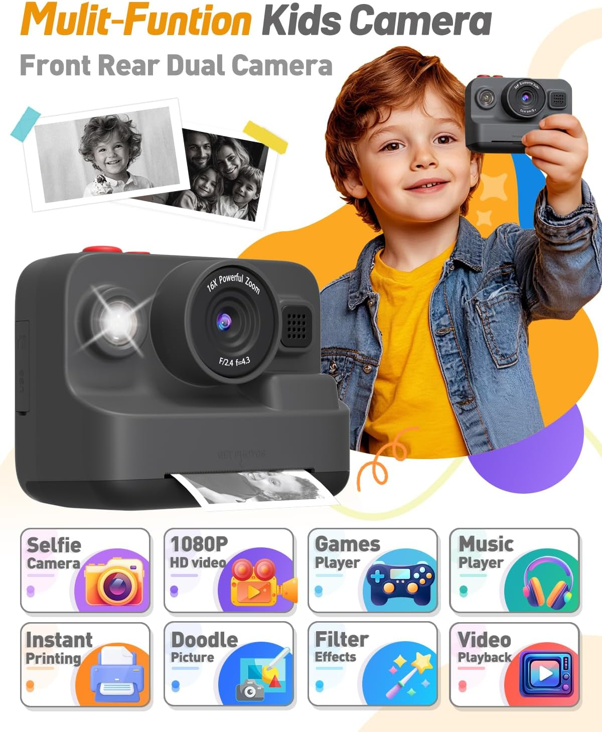 Kids Camera Instant Print, Christmas & Birthday Gifts for 3-12 Year Old Boys & Girls, 2.4In Screen 1080P Digital Camera with 3 Rolls Print Paper & 32G Card image number 5