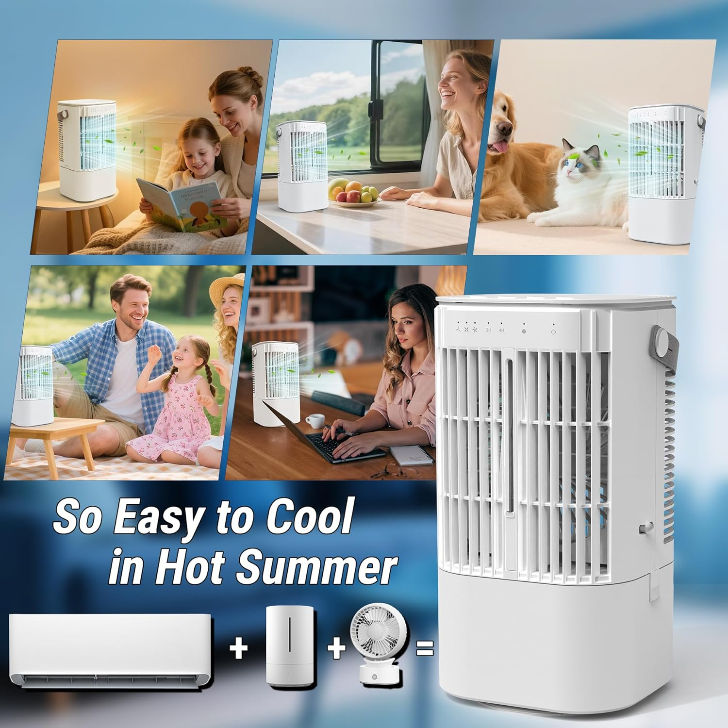 Portable Air Conditioner Fan,4-In-1 Portable Windowless Air Conditioners,3-Speed Evaporative Air Cooler with 7 Color Lights,Swamp Cooler with 1000ML Water Tank,Desktop Mini Cooler (White) image number 6