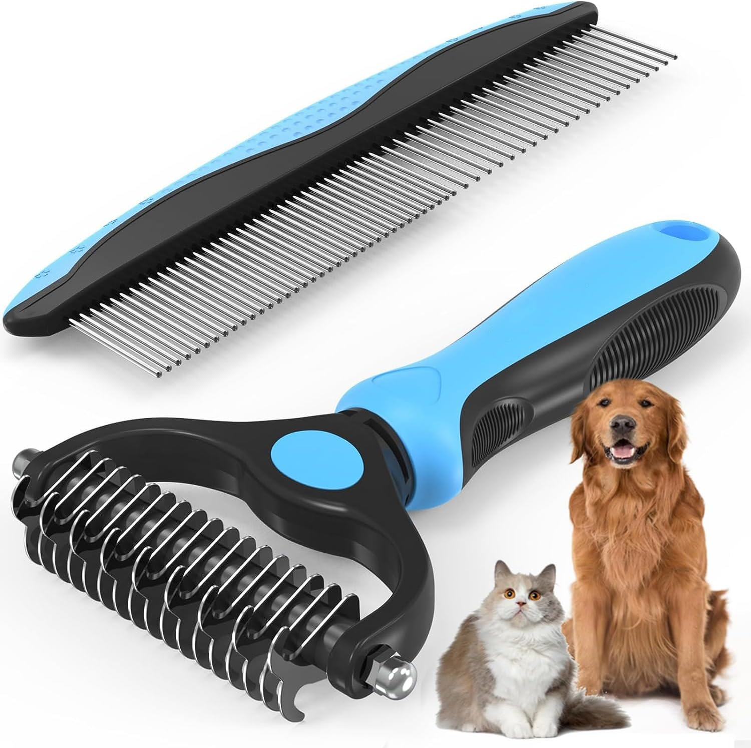 Mumoo Bear Pet Grooming Combo - Blue Deshedding Brush with Metal Comb for Detangling and Dematting Long, Matted Fur on Cats and Dogs image number 6