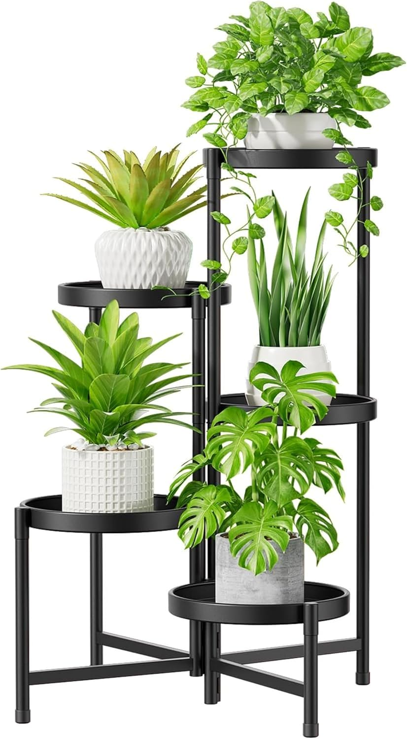 Yamibobo 5 Tier Black Iron Plant Stand for Indoor Outdoor, Foldable Corner Tall Plant Shelf, Flower Pot Holder Display Stand for Living Room Balcony Garden Patio image number 6