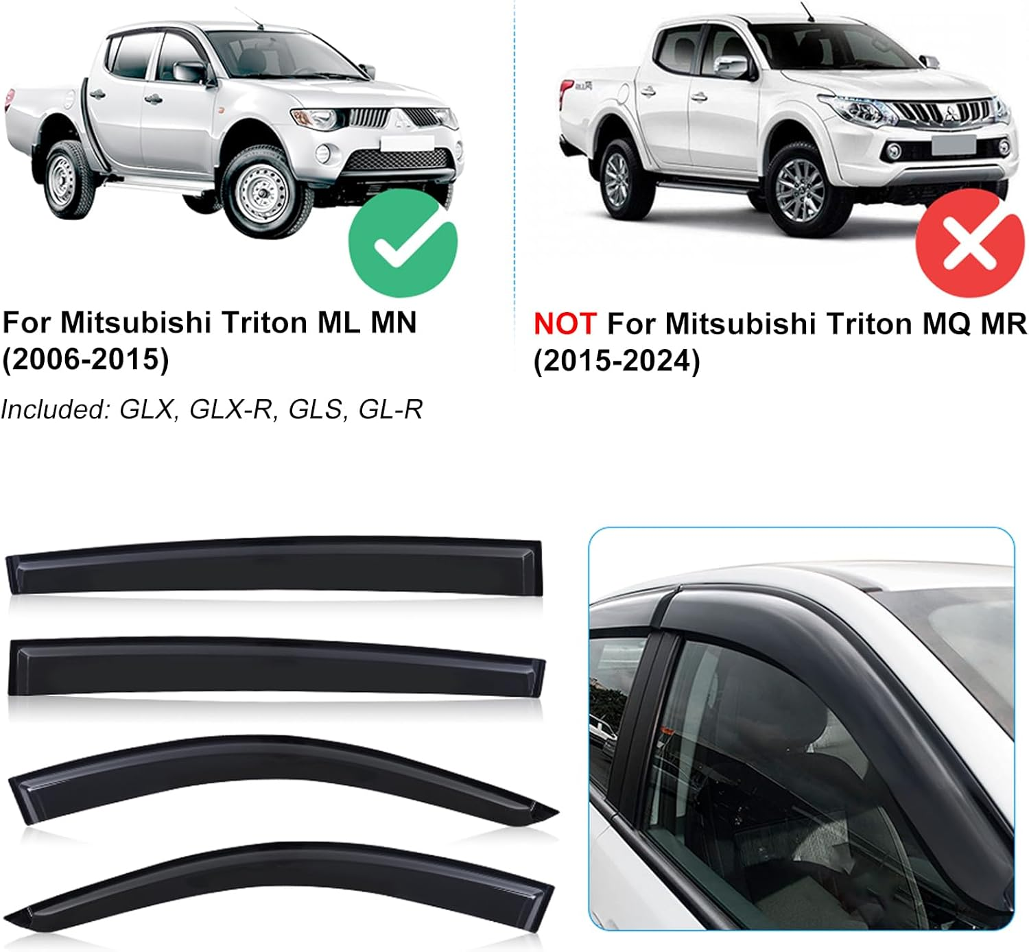 SUERAUTO4X4 Weather Shields for Mitsubishi Triton ML MN Accessories 2006-2015 Dual Cab, Weathershields Window Visors Wind Deflectors Rain Guard Shield Injection Tinted Black Car Exterior, 4PCS image number 1