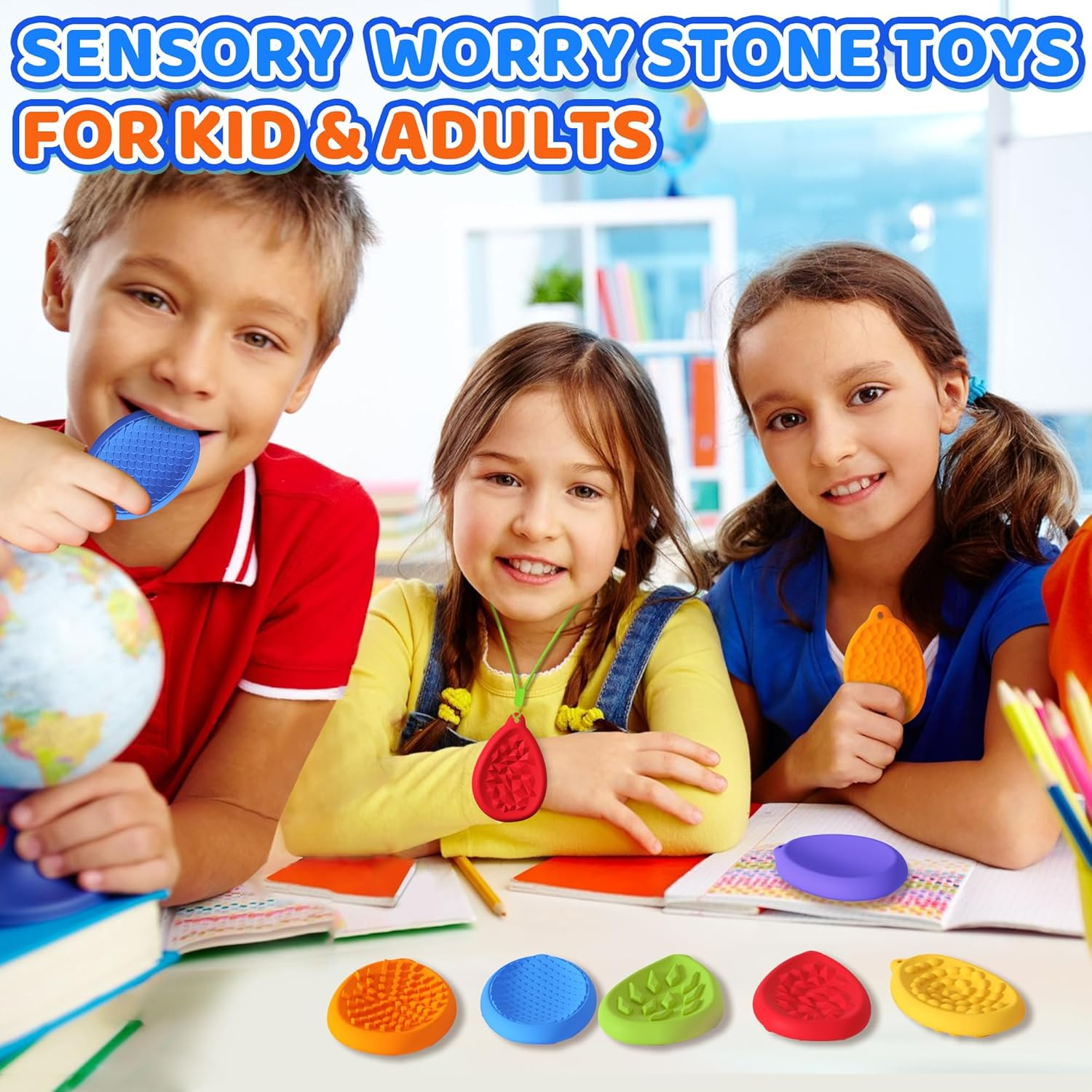 Fidget Toys Worry Stone for Kids 6 Pack Silicone Chewy Nacklace Sensory Stones Toy for Autism ADHD Kids Adults Anxiety Relief Quiet Figette Stress Chew Toys Classroom Prizes Stocking Stuffers Gifts
