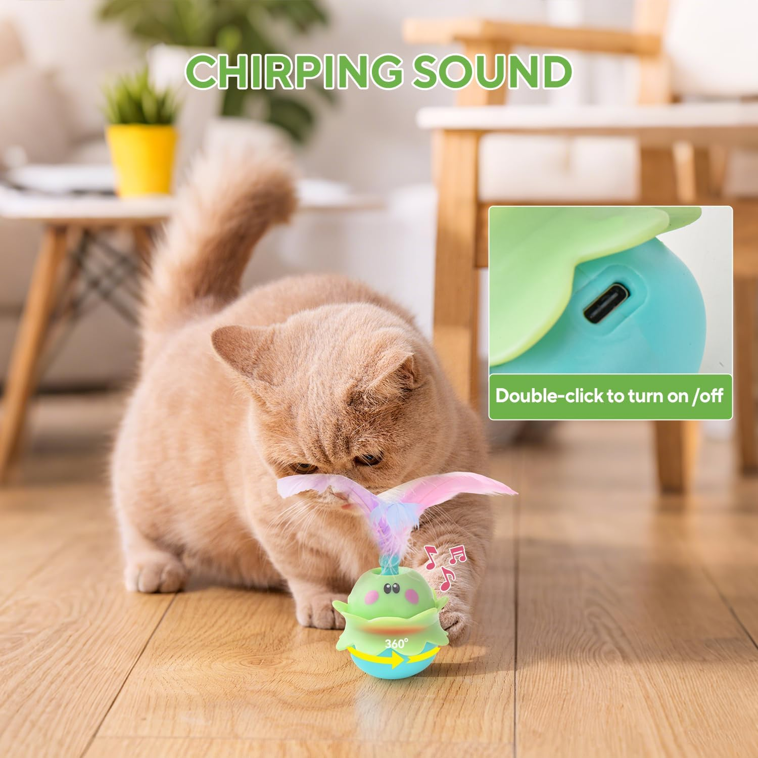 LIFLIX Interactive Automatic Cat Feather Toy, Rotating with LED Light, Electronic Chirping Toy for Indoor Cats, Rechargeable, Green image number 5