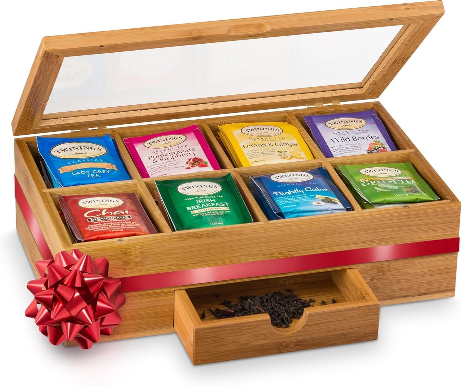 Tea Bag Organizer - Bamboo Tea Box Organizer Storage Box, Tea Bag Holder with Drawer & Acrylic Window, Magnetic Lid Keeps Tea Bags Fresh - Tea Organizer Caddy (Tea Not Included) image number 2