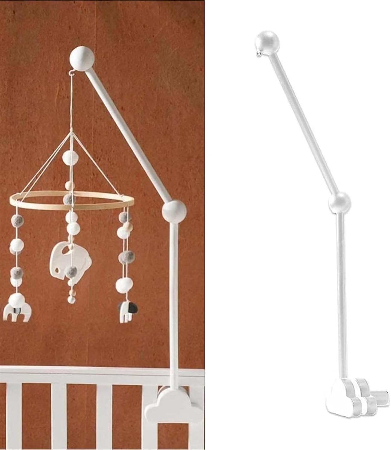 Baby Crib Mobile Arm,27Inch Wooden Cot Crib Mobile Holder,Adjustable Angle and Height,Baby Mobile Hanger for Home Baby Bed Bell Wind Chimes Cloud Design (White)