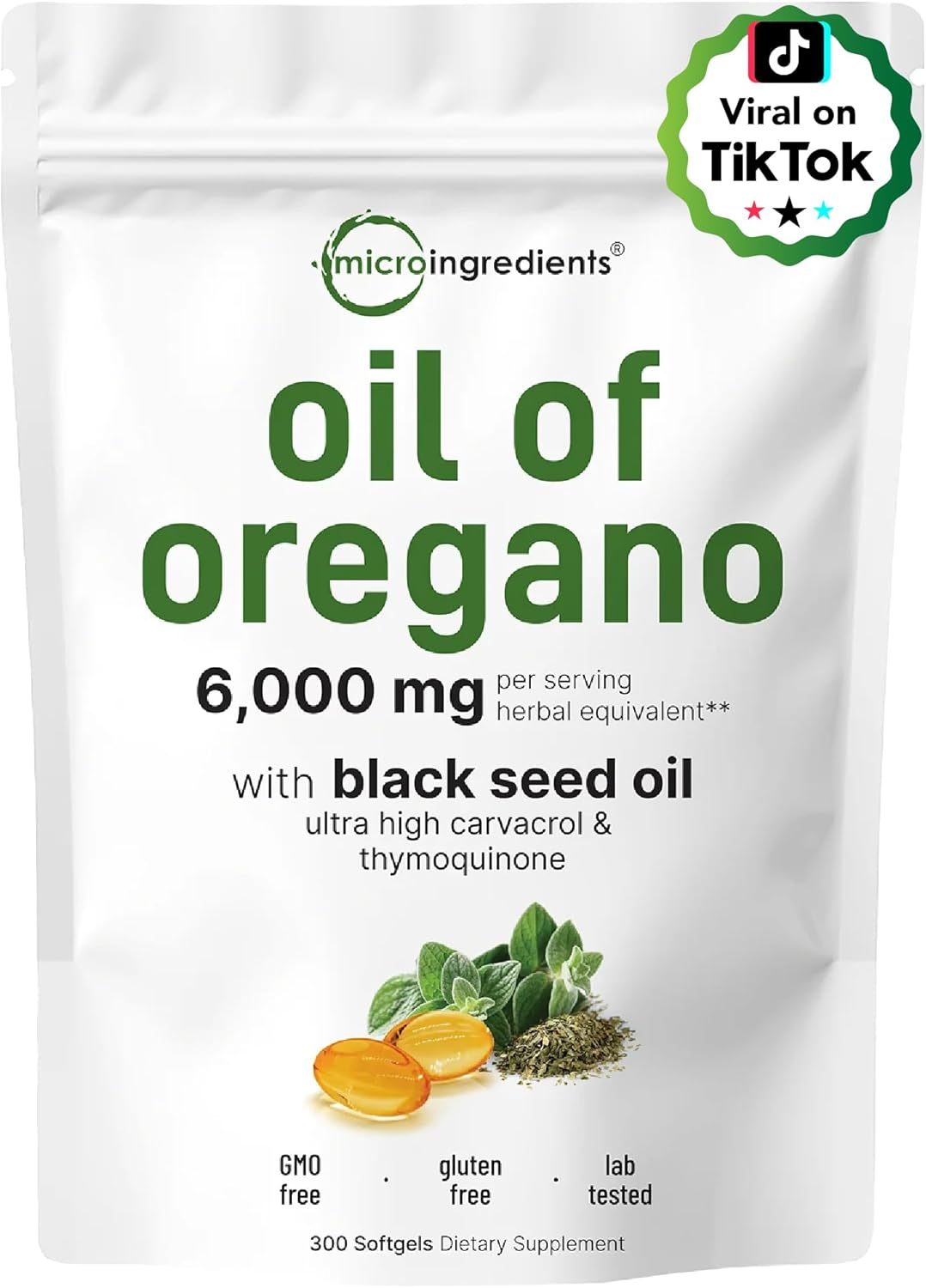 Micro Ingredients Oil of Oregano Softgels 6000Mg per Serving, 300 Count | 2 in 1 Formulated with Black Seed Oil 200Mg, 4X Strength Carvacrol & Thymoquinone | Plant Based, Non-Gmo & Immune Support image number 1