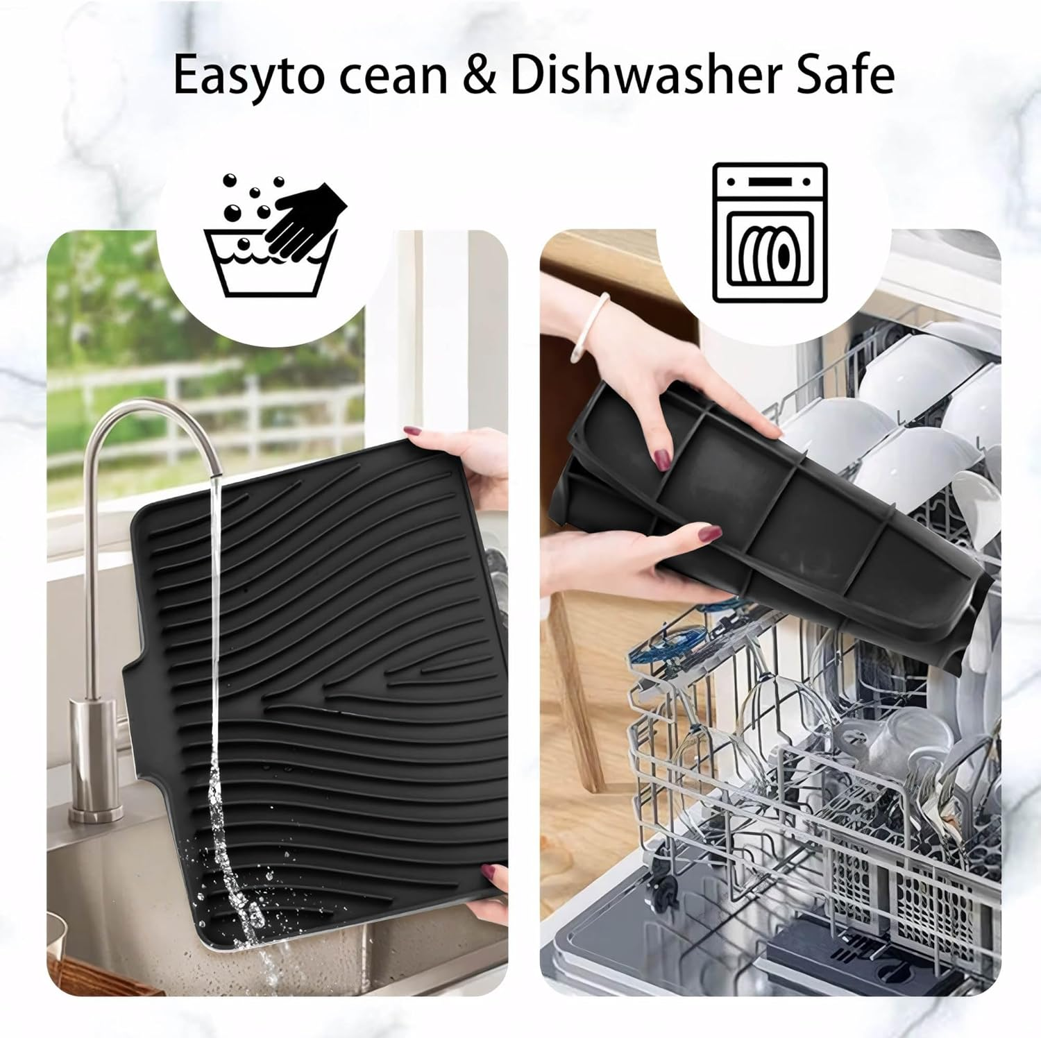 Silicone Dish Drying Mat for Kitchen Counter Non-Slip Pad with Built-In Drain Sink (Black) - Grey image number 5