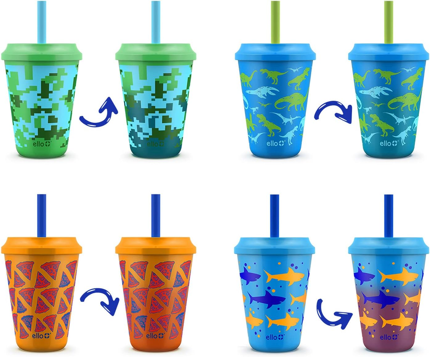 Ello Kids Plastic Reusable Color Changing Cups with Twist on Splash-Proof Lids and Straw, BPA Free, Dishwasher Safe, 12Oz, Fruit Pop, 4 Pack