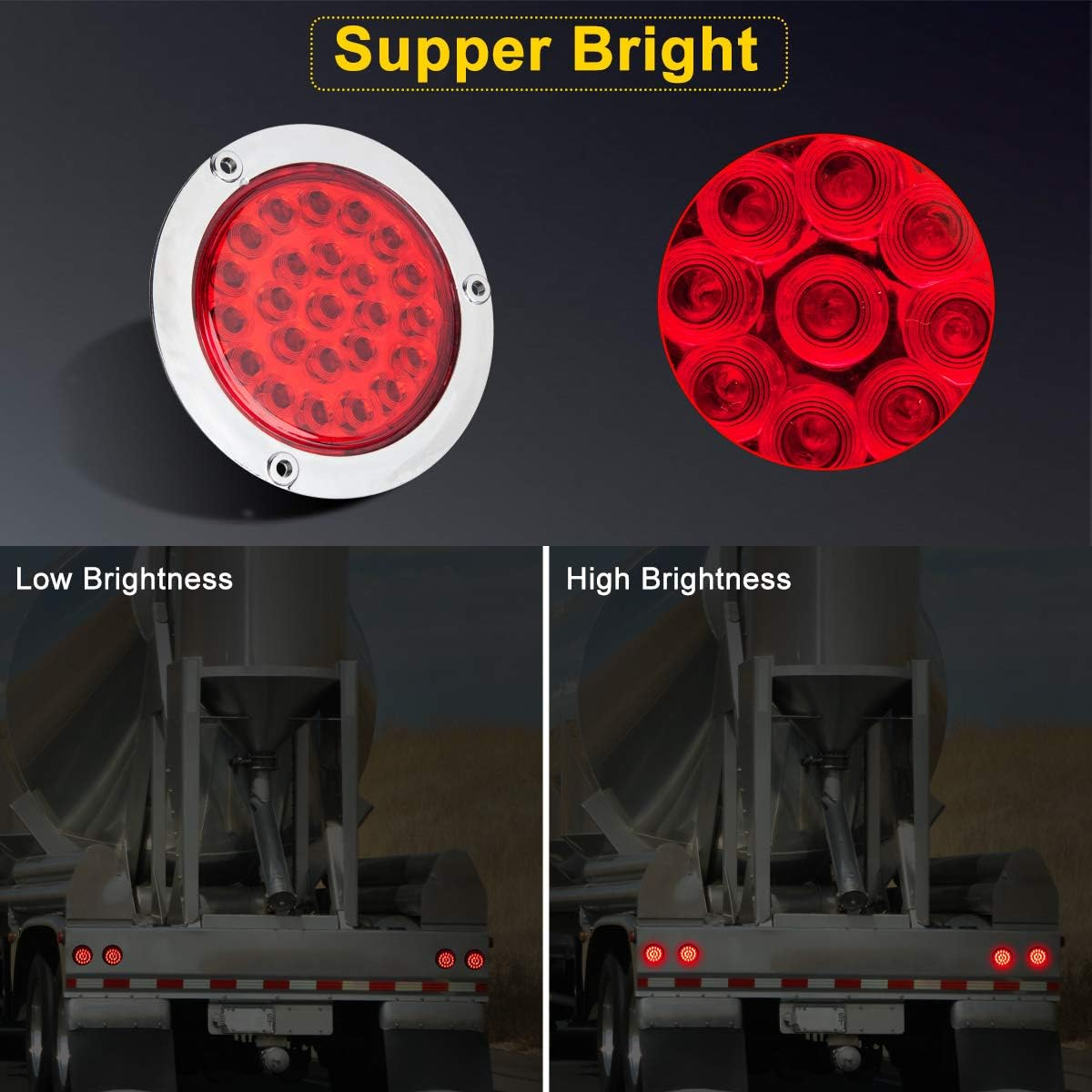 LIMICAR 4" round LED Trailer Tail Light Red 4PCS 24 LED Brake Stop Turn Signal Brake Marker Clearance Running Lights W/Chrome Bezels for Truck Trailer RV Jeep UTE UTV 12V image number 4