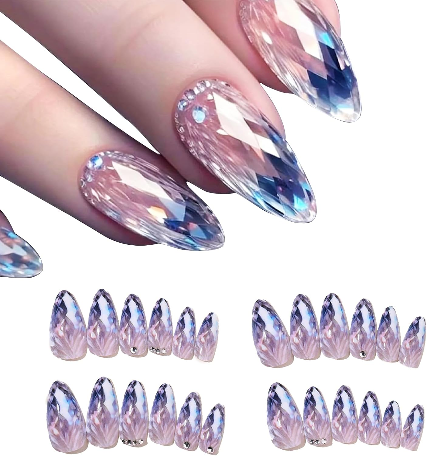 Qioon 24 Pcs Medium Almond Press-On Nails, French Gradient Light Purple Fake Nails with Rhinestones, Stick-On False Fingernails with Adhesive Tabs for Women and Girls image number 6