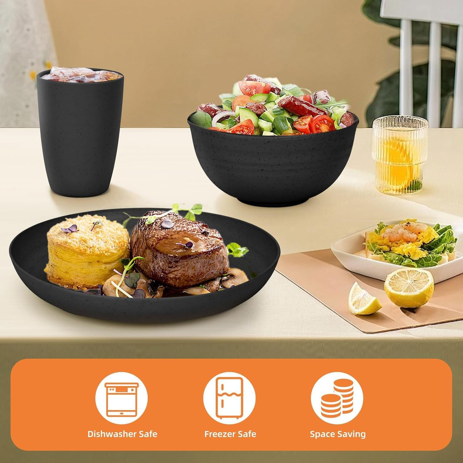 16PCS Wheat Straw Dinnerware Sets, Camping Utensils Reusable Tableware Set BPA Free, Unbreakable Plates, Bowls, Cups, for Kitchen Outdoor Camping Party Home,Microwave Dishwasher Safe-Black image number 5