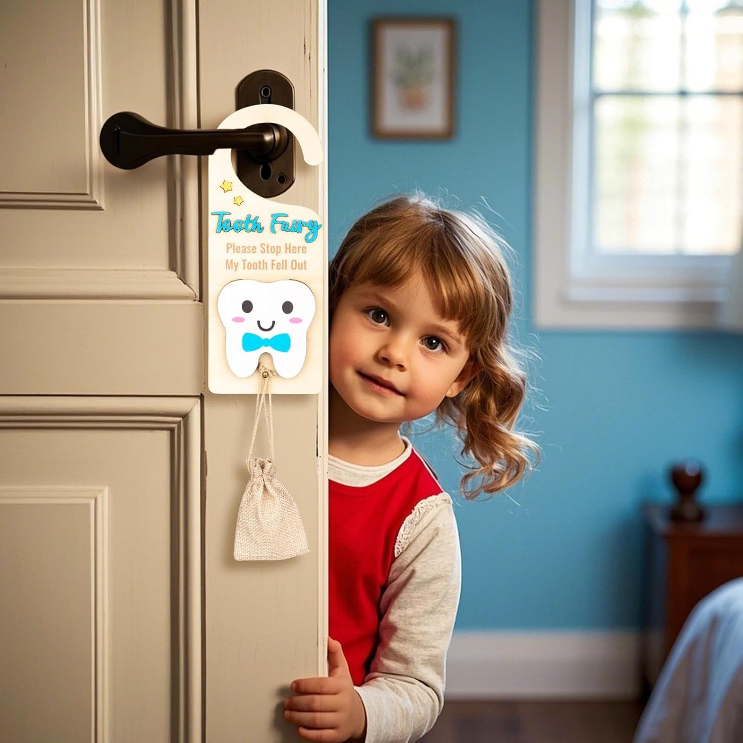 Tooth Fairy Door Hanger | Lost Teeth Pickup Box with Money Slot - Cute Souvenir, Wooden Keepsake Box for Home Collection Storage image number 5