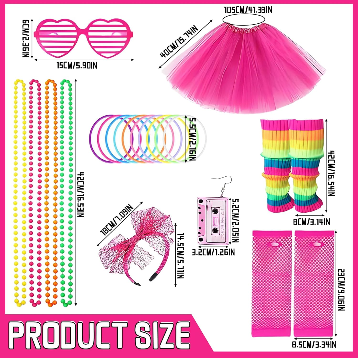 21PCS 80S Girl'S Clothing and Accessory Set, T - Shirt Printed with Elements, 80S Party Accessories Including Pink Bead Chain, Lace Headband, Bracelets, Retro Sunglasses, Etc. 1980S Themed Party image number 5