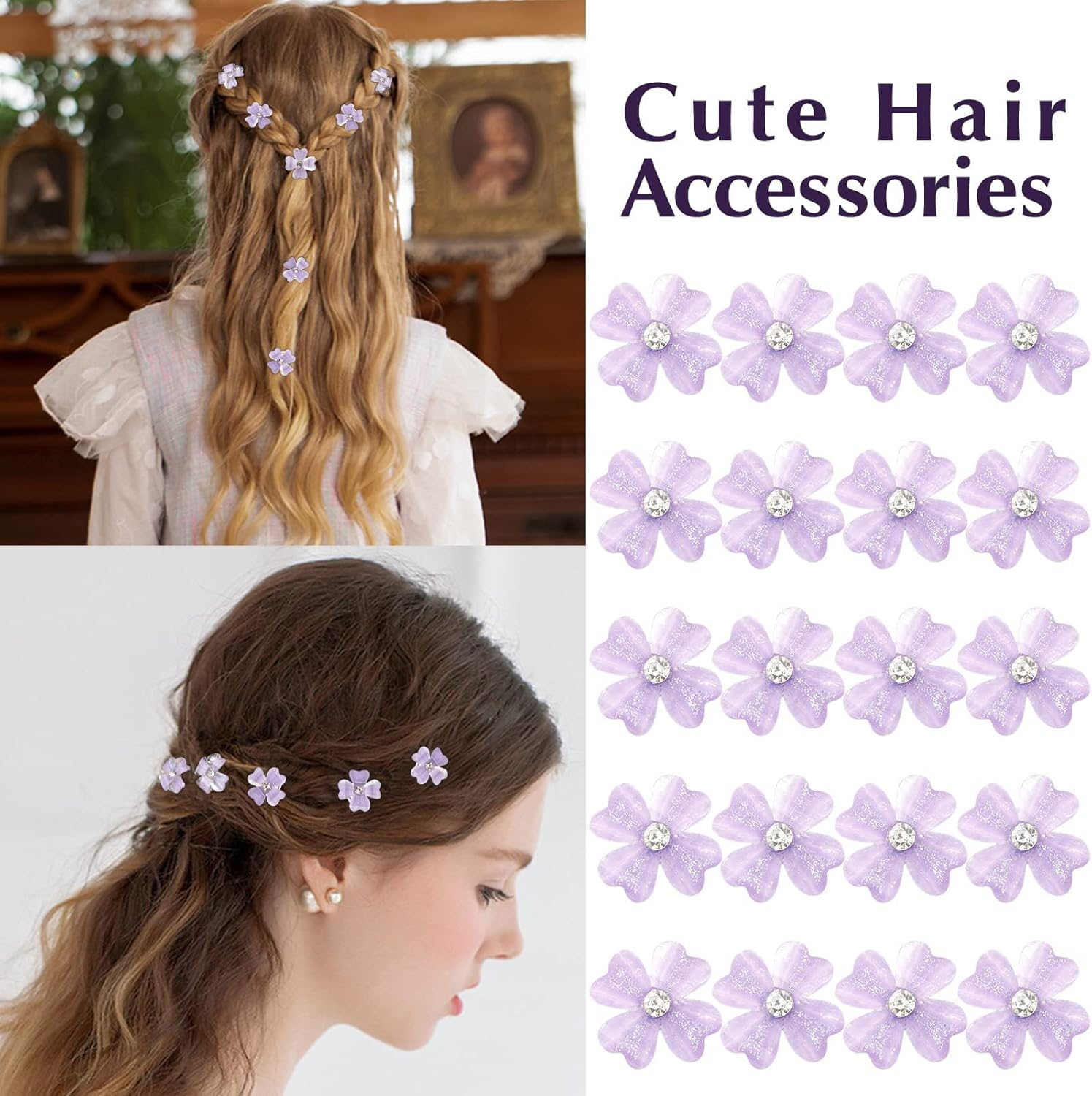 Nayyana&reg; 20 Pieces Mini Purple Flower Rhinestone Hair Clips Cute Hair Pins Decorative Hair Clips Hair Clips Wedding Bridal Hair Accessories for Girls image number 3