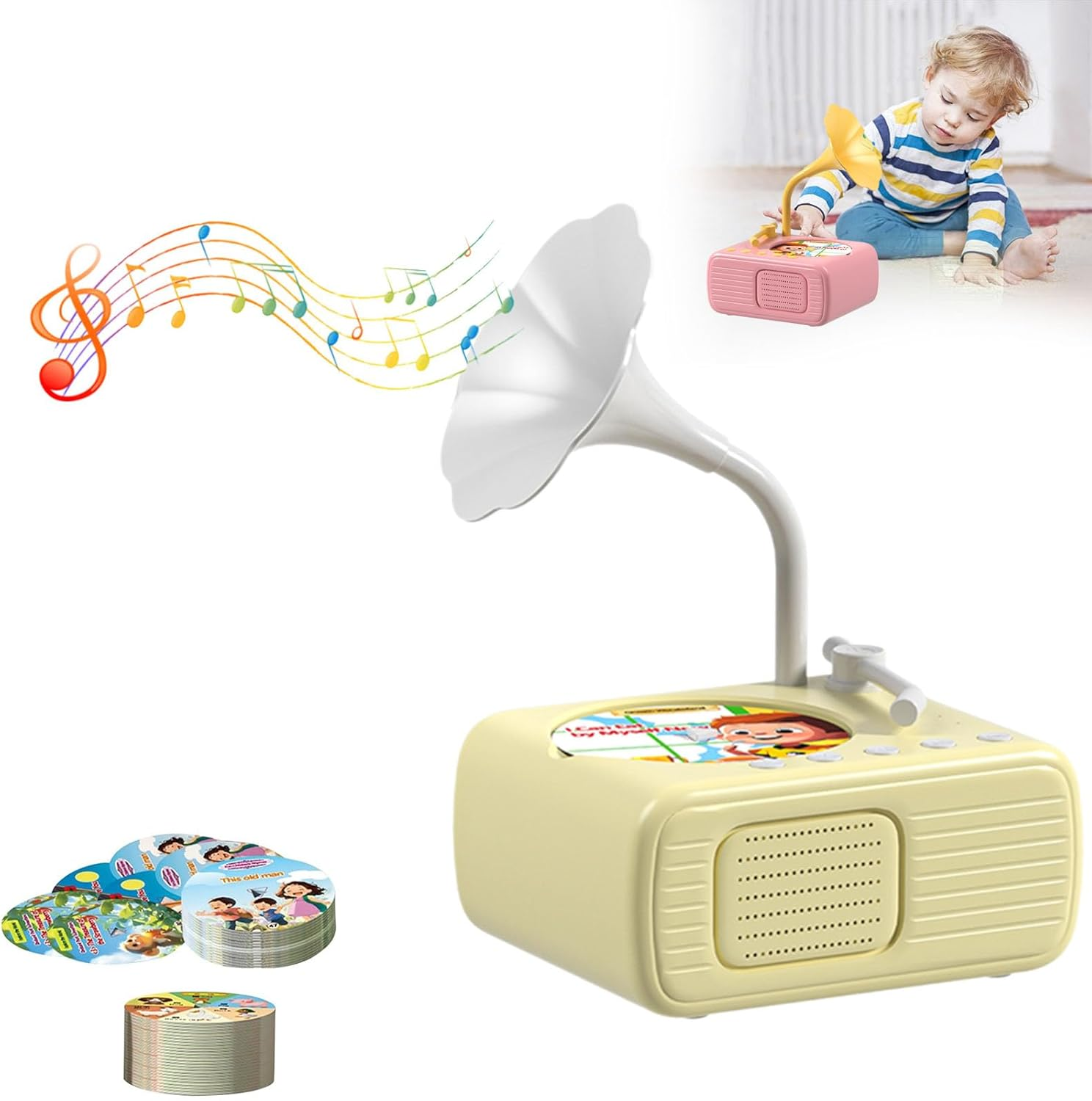 Sweako Kids Gramophone with 96 Cards, Kids Phonograph Record Player, Kid Phonograph Book with Sound, Musical Sensory Toy with Story Music Player for All Boys and Girls Aged 3-12 (Pink)