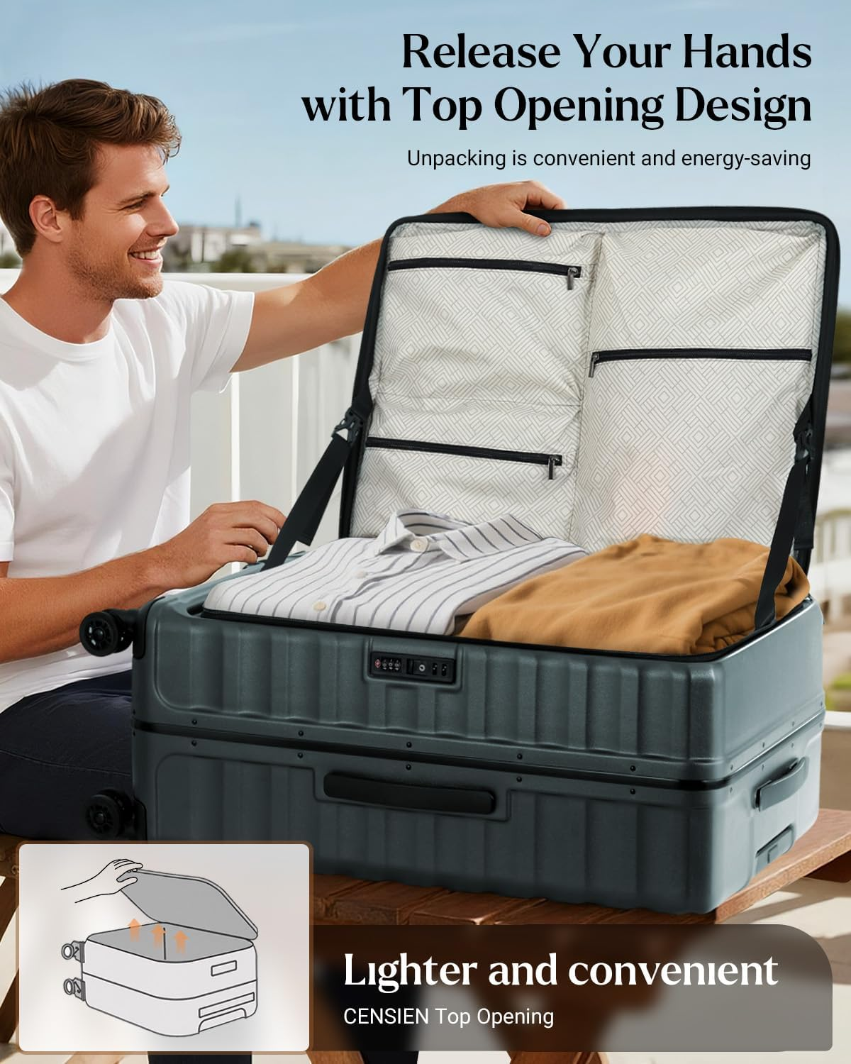 CENSIEN Checked Luggage, 28 Inch Luggage with Spinner Wheels, Large Suitcase with Lightweight PC Hard Shell, Aluminum Frame, Top Opening, YKK Zipper, TSA Lock (Dark Green, 1PC) image number 6