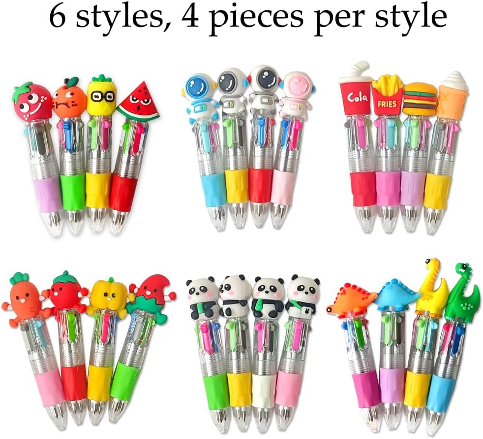 24 Pack 4-In-1 Retractable Mini Ballpoint Pens,6 Cartoon Themes Multi-Color Pens for Kids, Students,Gift & School Supplies,Compact Writing Set image number 2