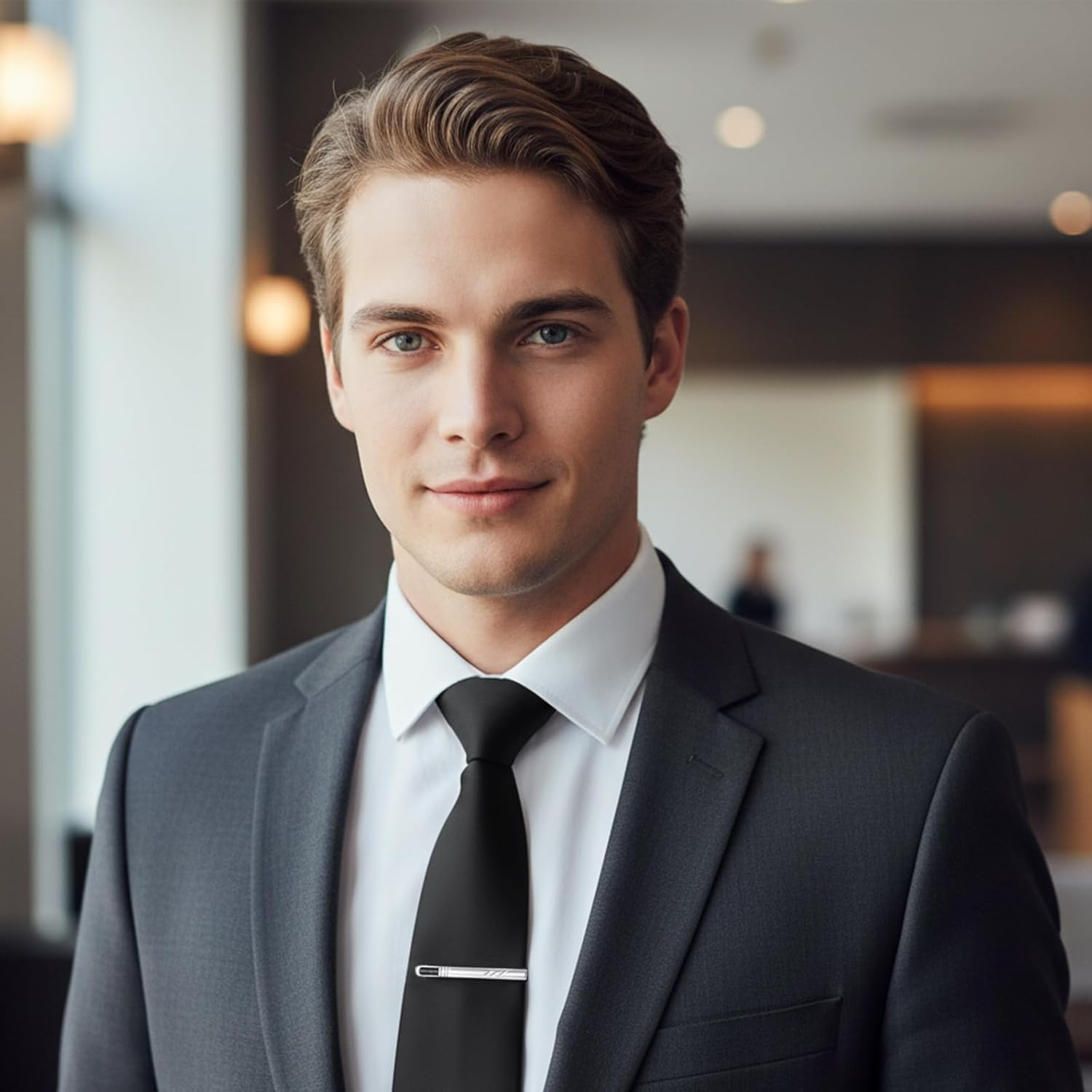 Black Tie for Men, Classic Formal Necktie with Silver Tie Clip, Elegant Accessory for Business Meetings and Weddings, 145 Cm Length, 8 Cm Width image number 2