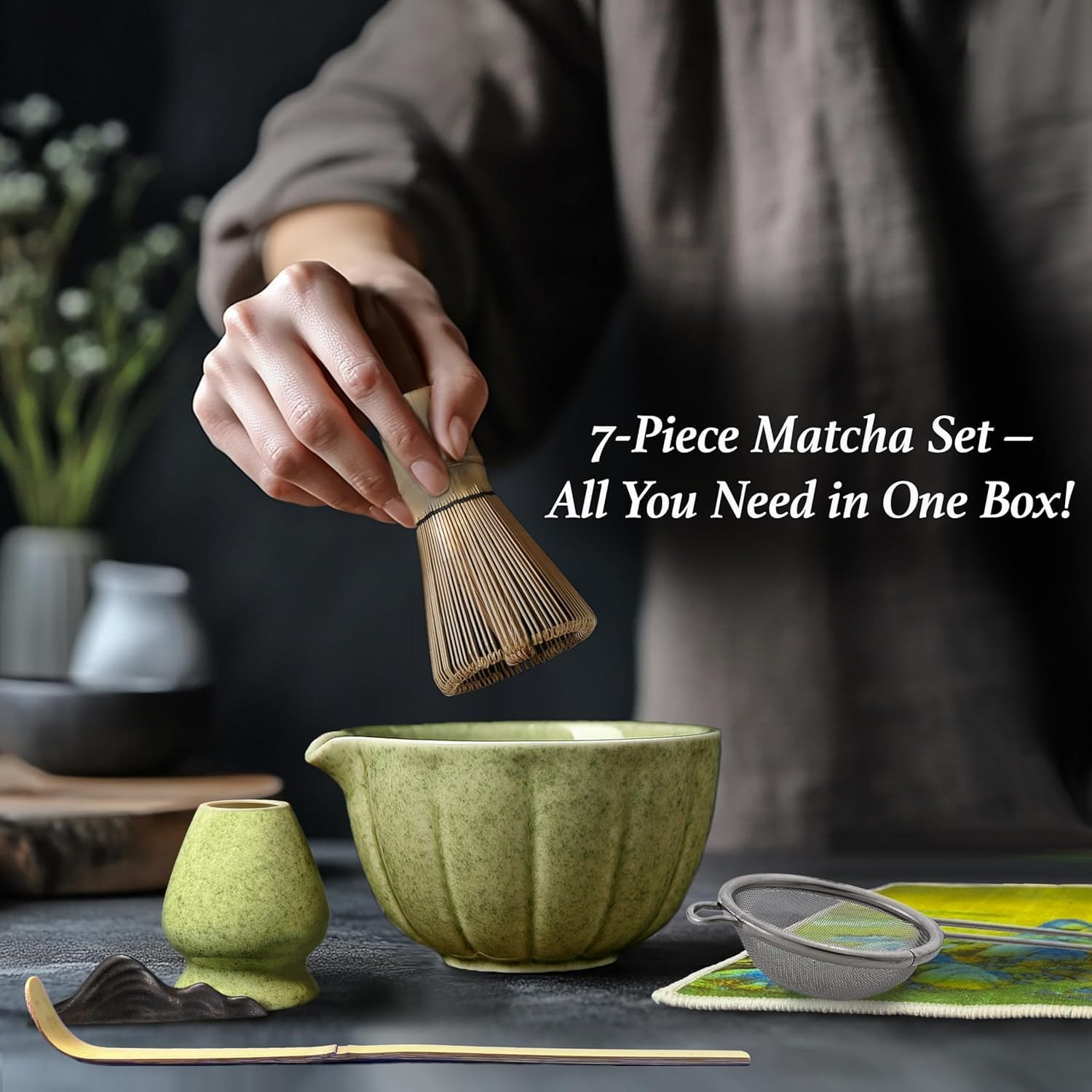 Matcha Whisk Set, XIULIUU 7 Pcs Japanese Matcha Kit, Bowl (Chawan) with Spout, Bamboo Whisk (Chasen) & Holder, Scoop (Chashaku), Sifter, Tea Towel Perfect for Matcha Lovers & Tea Ceremony image number 3