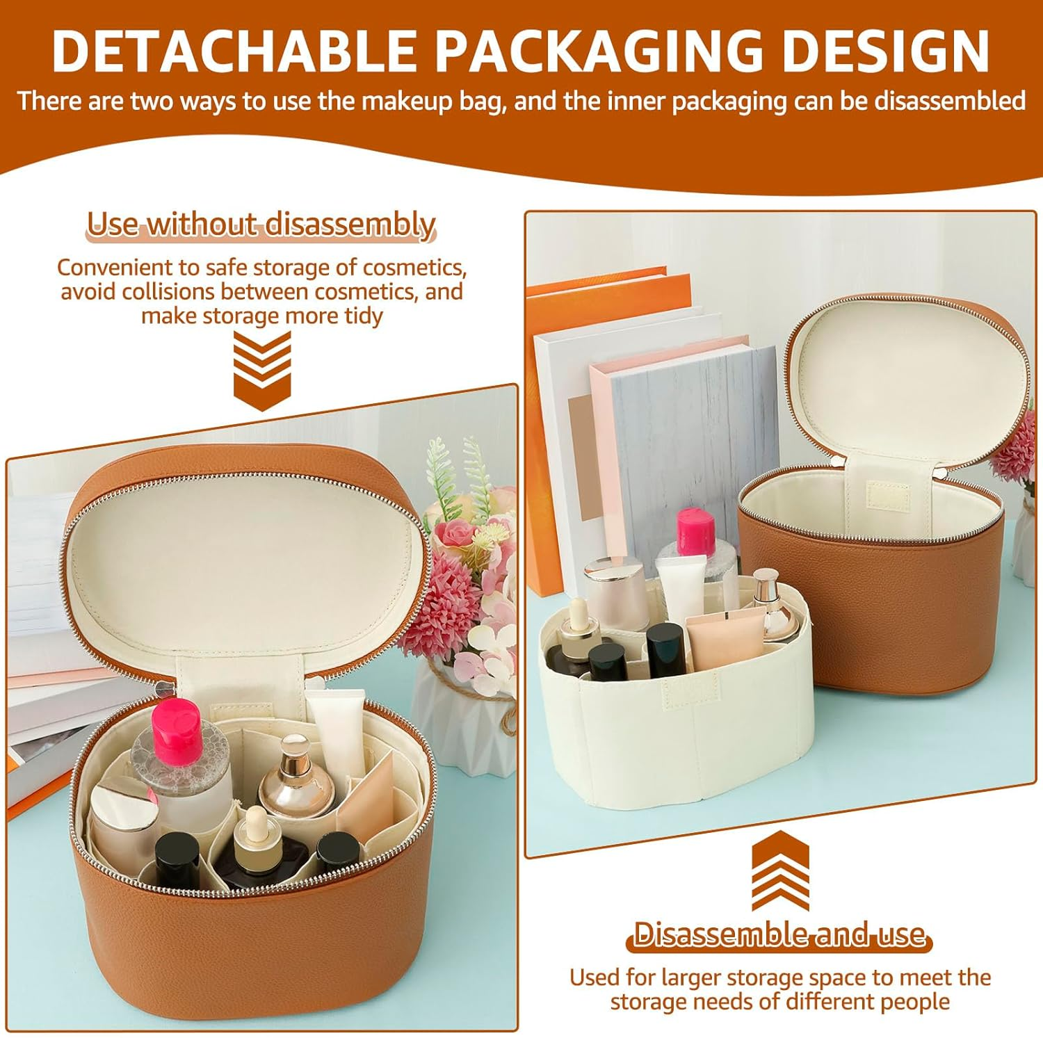 NIPUAEGO Vanity Case Makeup Bag, Smooth Zipper Design Portable Cosmetic Leather Make up Case with Handle for Shopping Travel Date Party 20.5&times;14&times;16Cm image number 1