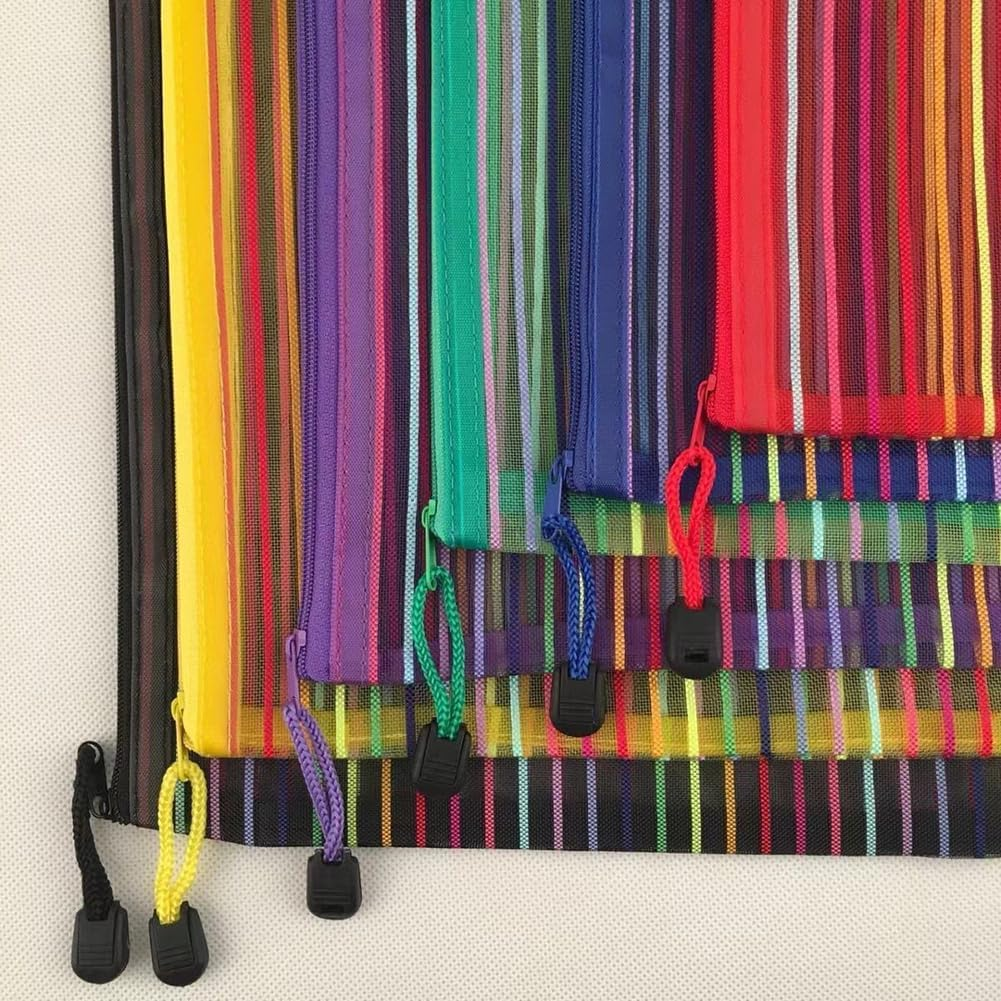 GSHLLO 6 Pcs A4 Zipper Mesh Pouches Wallets Small Striped Document Pouch Travel File Storage Bags Cases Colorful Puzzle Organizing Bag Office Supplies Organizer Pouch for Home School