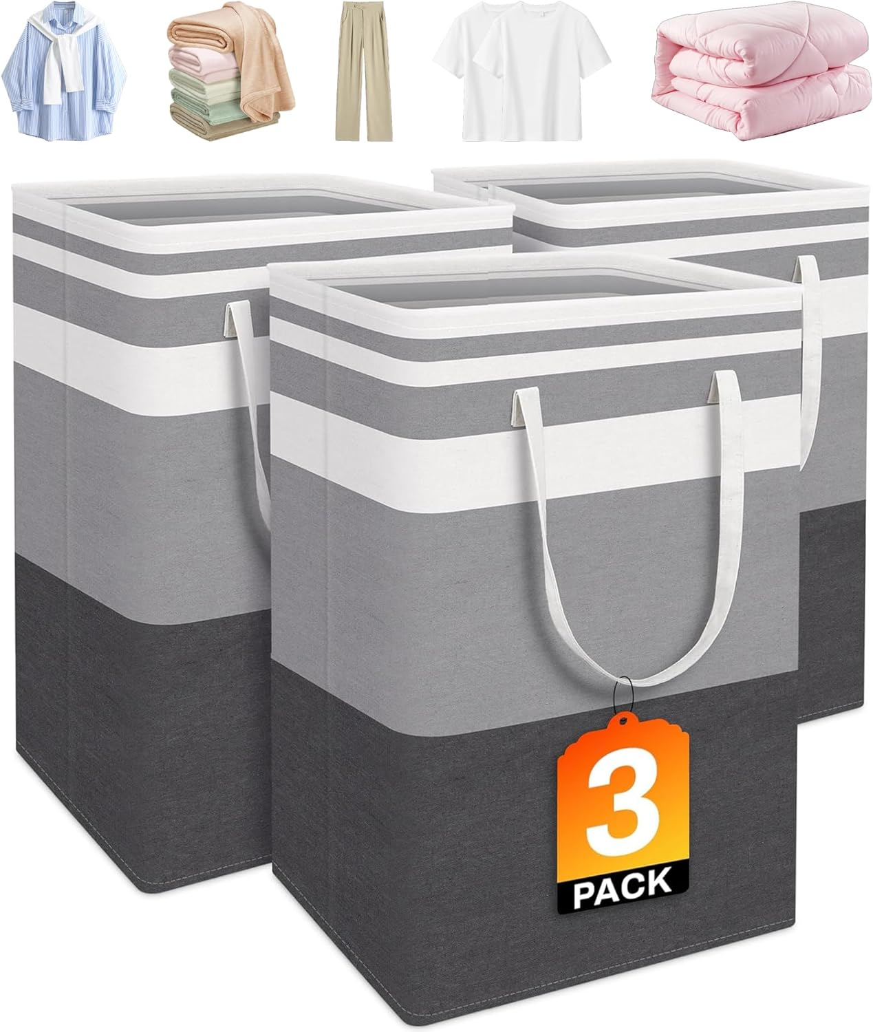 3-Pack Large Laundry Basket, Waterproof, Freestanding Laundry Hamper, Collapsible Tall Clothes Hamper with Extended Handles for Clothes Toys in the Dorm and Family（75L） image number 5