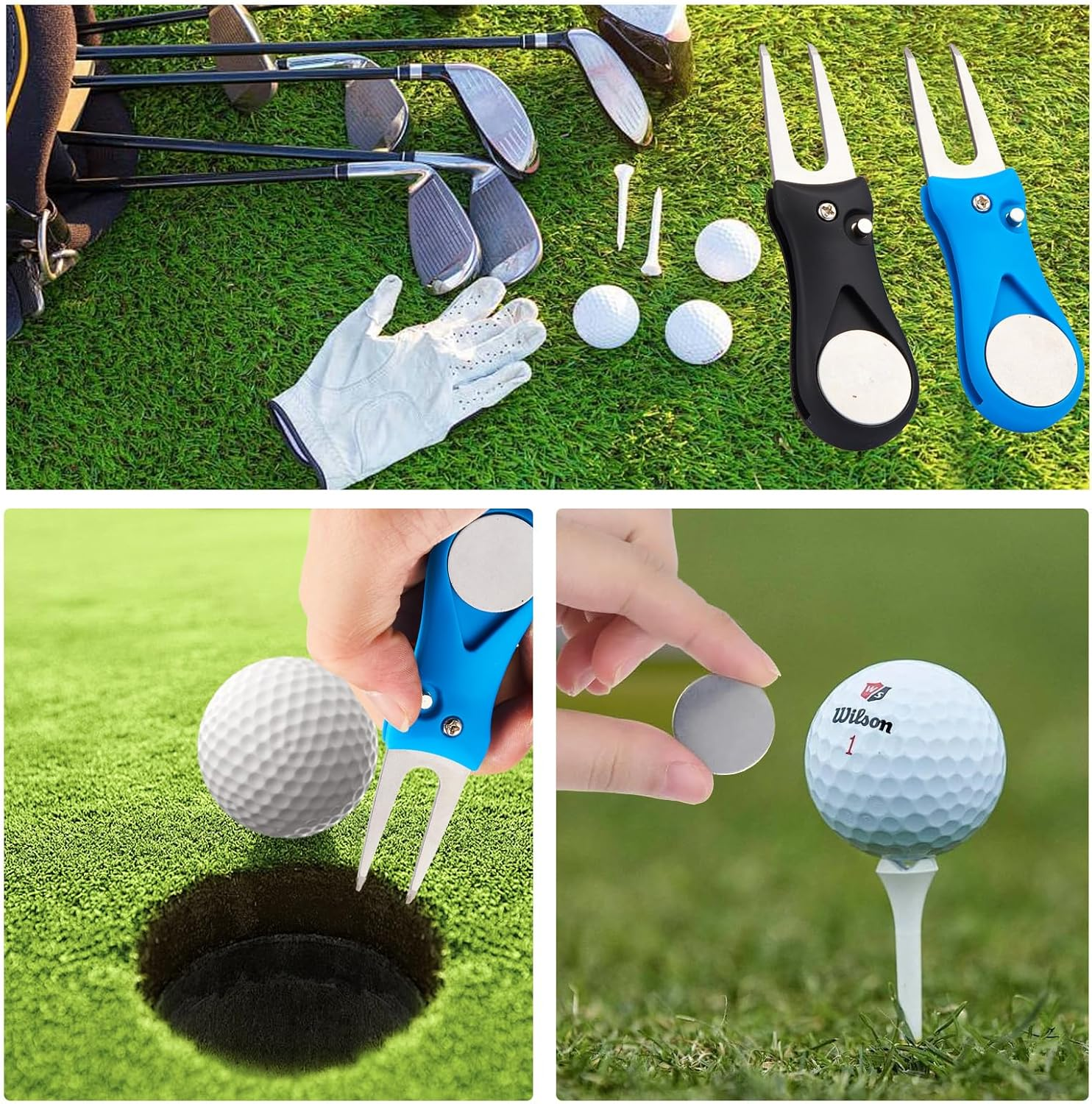 Golf Divot Repair Tool, 2 Pack Divot Fork with Magnetic Button Ball Marker, Stainless Steel Foldable Pop-Up Divot Turf Fork Metal Putting Fork Golf Green Tool for Golfers, Black & Blue image number 3
