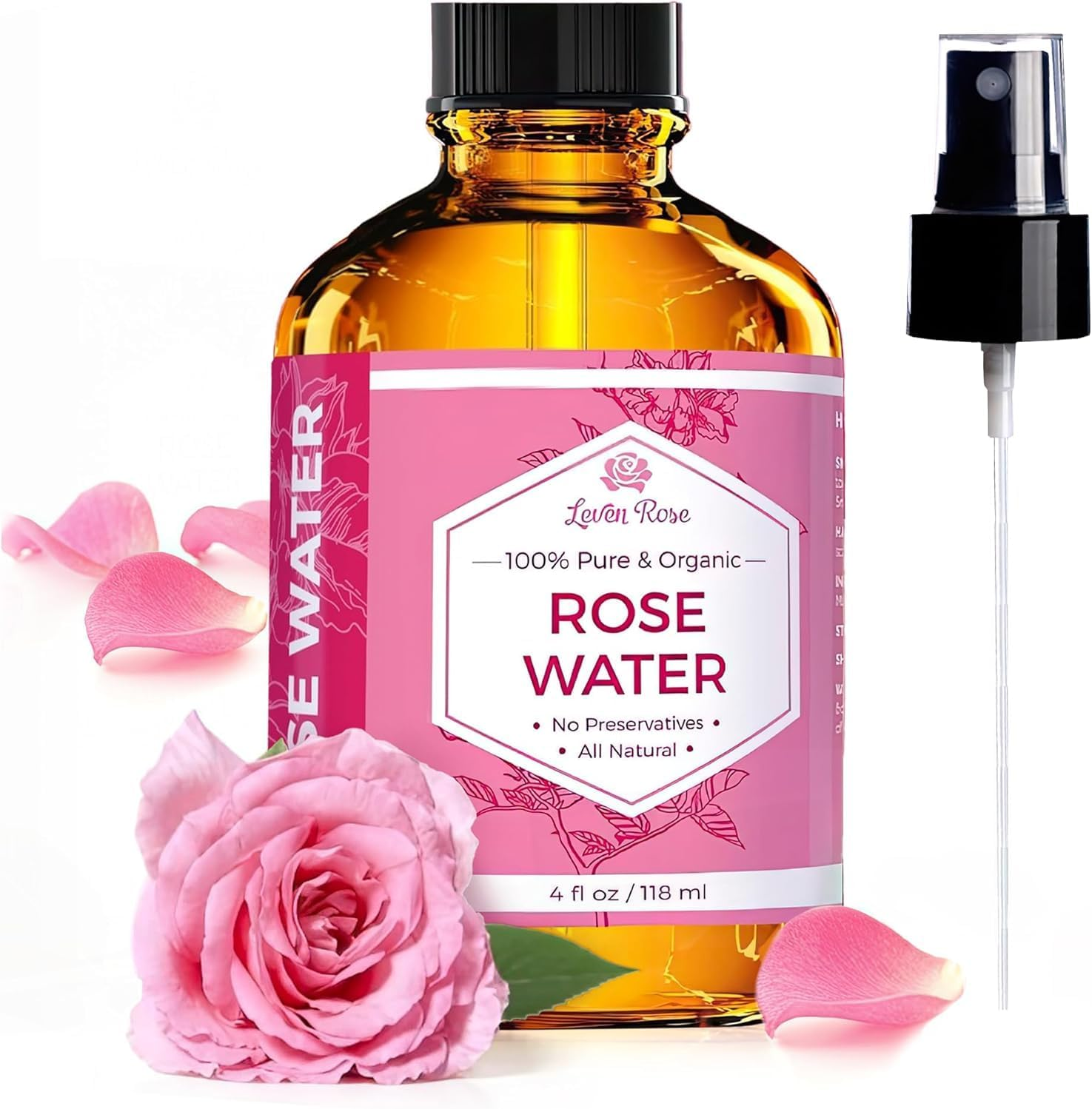 Rose Water Facial Toner by Leven Rose, 100% Pure Natural Moroccan Rosewater Hydrosol Face Spray 4 Oz image number 1