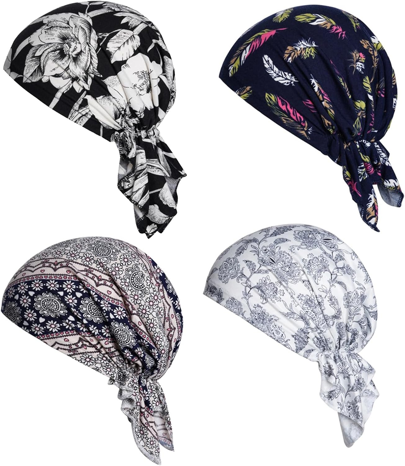 4 Pcs Cotton Chemo Headwear Floral Stretch Tied Chemo Head Scarves for Cancer Women