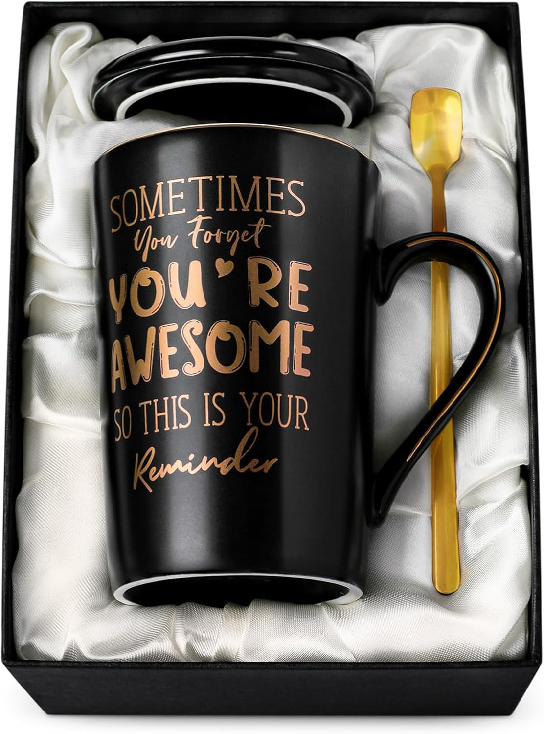 Birthday Thank You Gifts for Men, Sometimes You Forget You'Re Awesome - 14Oz Unique Black Ceramic Inspirational Coffee Mug with Gold Print, Presents for Friends Husband Employee Coworker, Gift Boxed