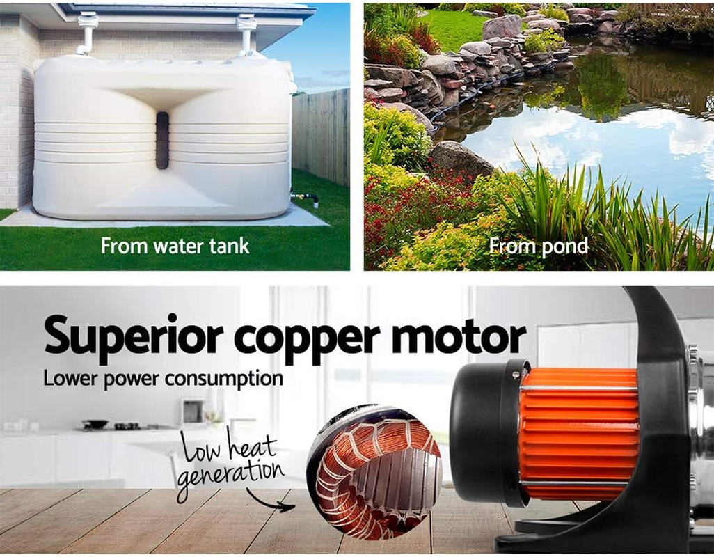 Giantz Water Pump, 2500W Electric High Pressure Garden Pumps Controller Irrigation for Pool Pond Tank Home Farm, Portable Automatic Switch Anti-Rust Stainless Steel Body Yellow Black image number 6