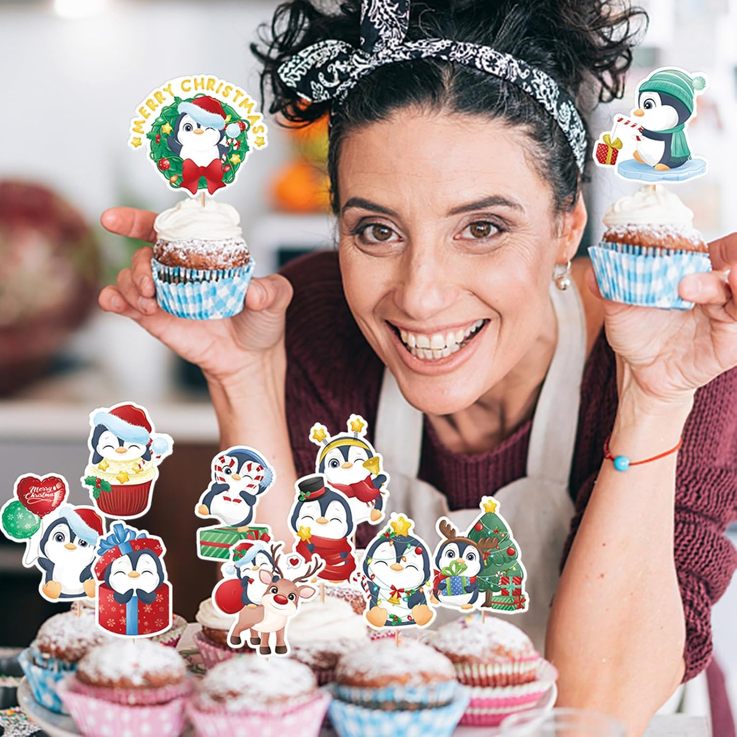 Christmas Cupcake Toppers Winter Cake Decorations Snowman Panda Penguin Cartoon Design Cake Toppers Picks for Winter Birthday Christmas Party Decoration Supplies (56Pcs) image number 3