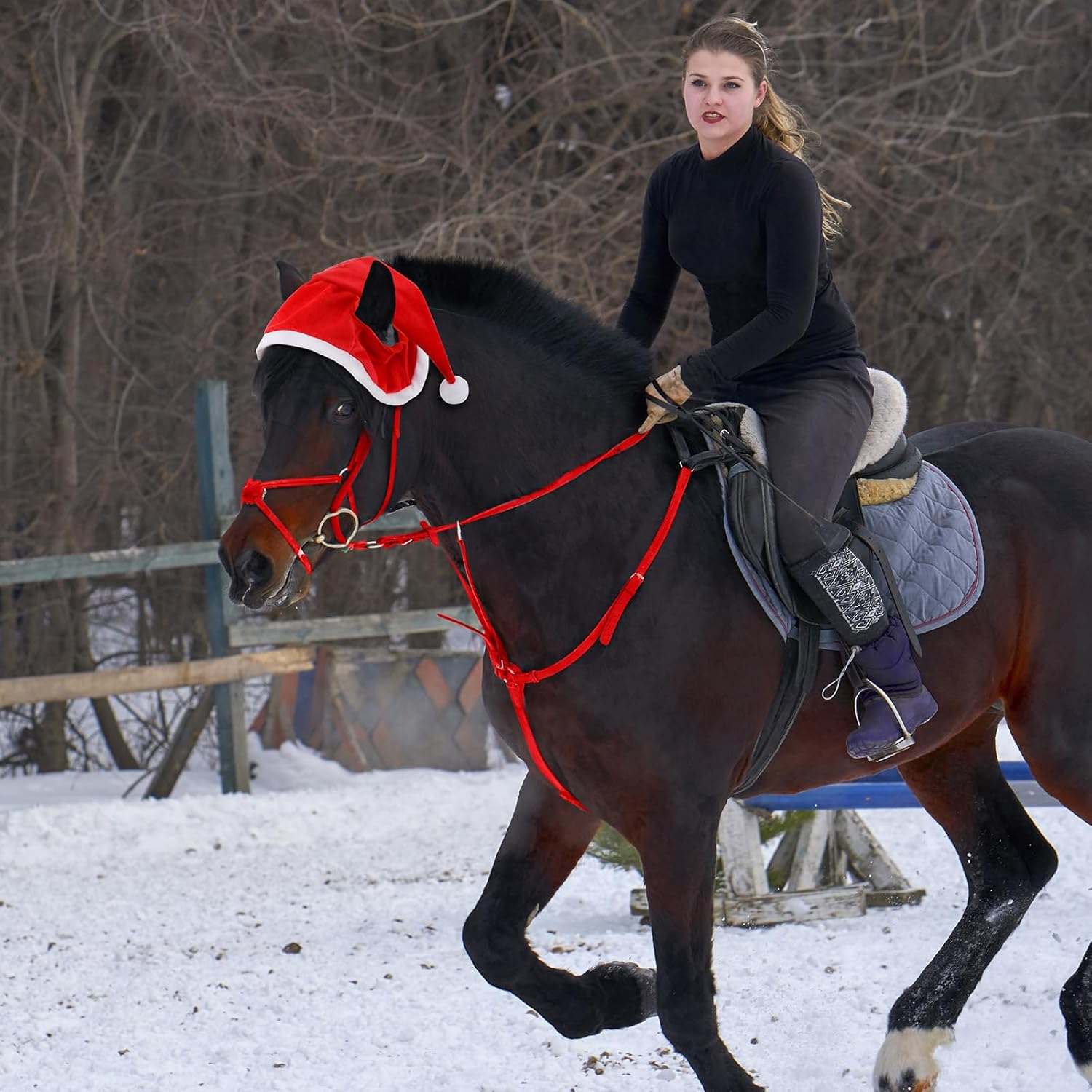 Paterr 4 Pcs Christmas Santa Horse Hat Holiday Elf Horse Hat Adjustable Christmas Horse Halter Set image number 6