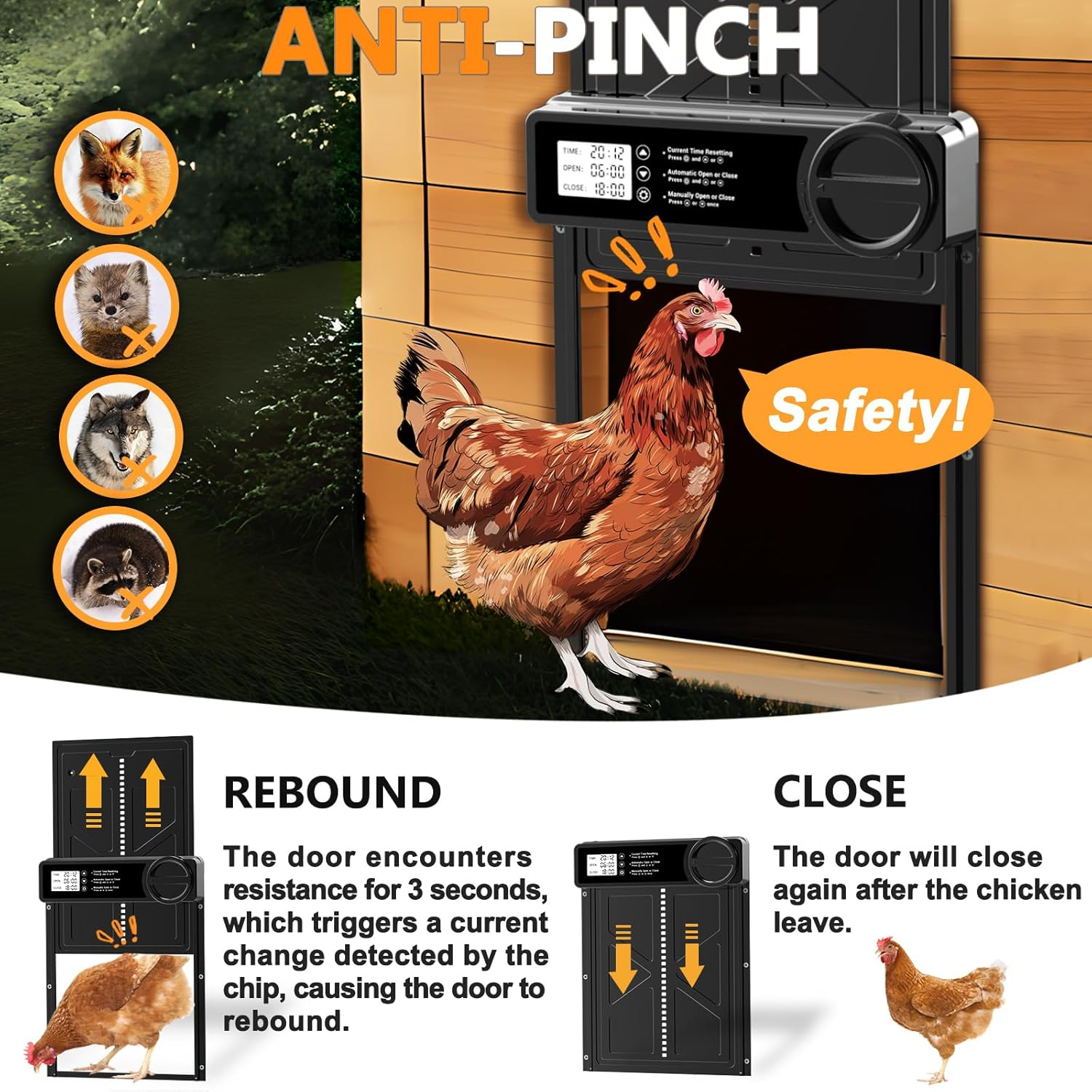 INNOLAND Automatic Chicken Coop Door - Large with Timer & Manual Mode, Anti-Pinch, Aluminum Alloy, Large Programmable LCD Screen, Chicken Coop Door with Low Battery Warning image number 3