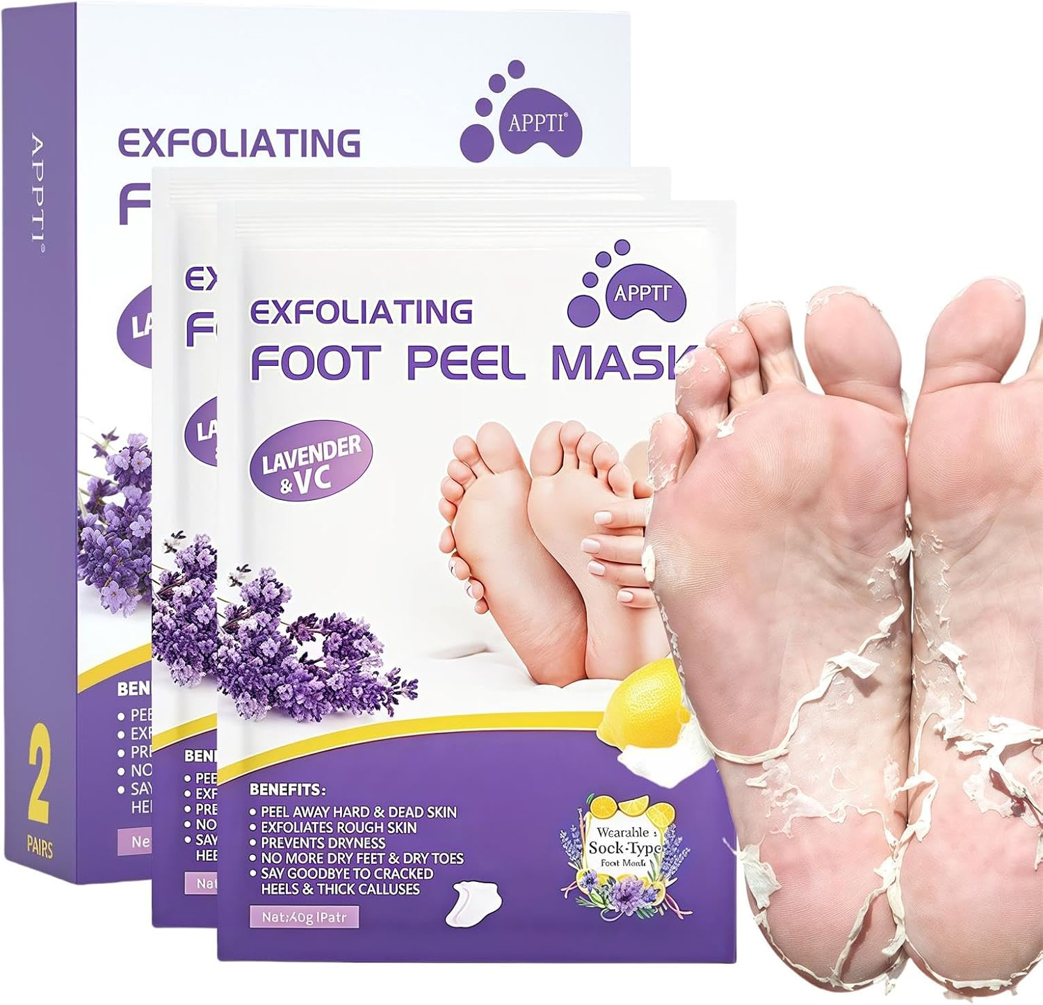 Foot Peeling Mask for Dry & Cracked Skin - Exfoliating Foot Mask to Remove Dead Skin & Calluses, Baby Soft Feet for Men & Women - Foot Spa (2Pcs, Lavender) image number 5