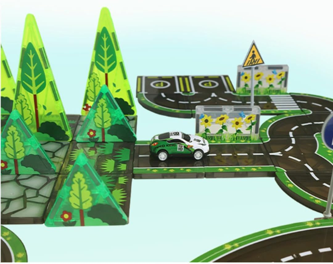 Magnetic Road Tiles Set with Railway and Forests, 76 PCS Magnetic Tiles Road, Magnet Building Blocks Kids Car Toys, Perfect Gifts for Ages 3+ image number 1