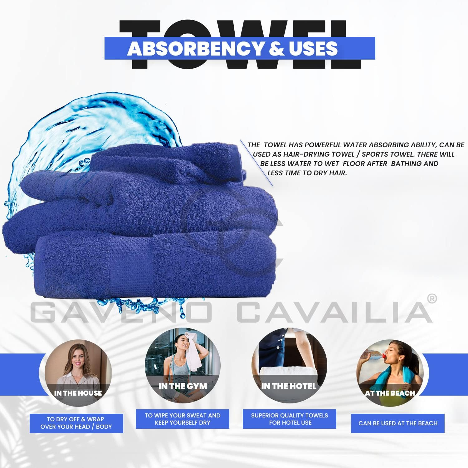 GC GAVENO CAVAILIA 700 GSM Bath Sheets - Large Bath Towels 2 Pack - Egyptian Cotton Towel Set - Quick Dry Towels - Soft Feel Towels - Royal Blue - 90X140 image number 4