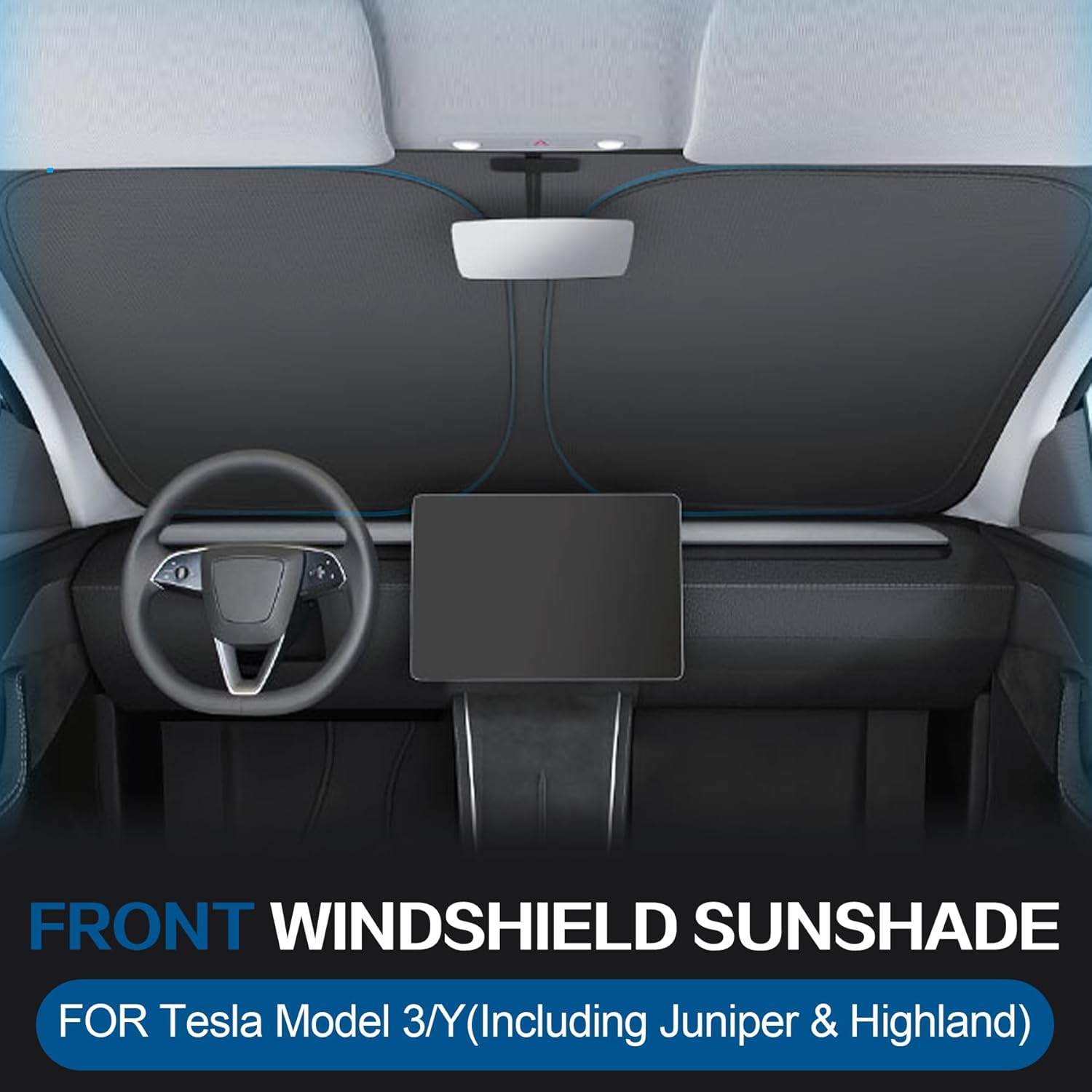 Windshield Sunshade for Tesla Model Y Juniper, Folding Front Window Sun Shade Cover for Model 3 Highland, Reflective Heat & Sun, UV Blocks Visor, Privacy Protection, for Teals Model Y/3 Accessories