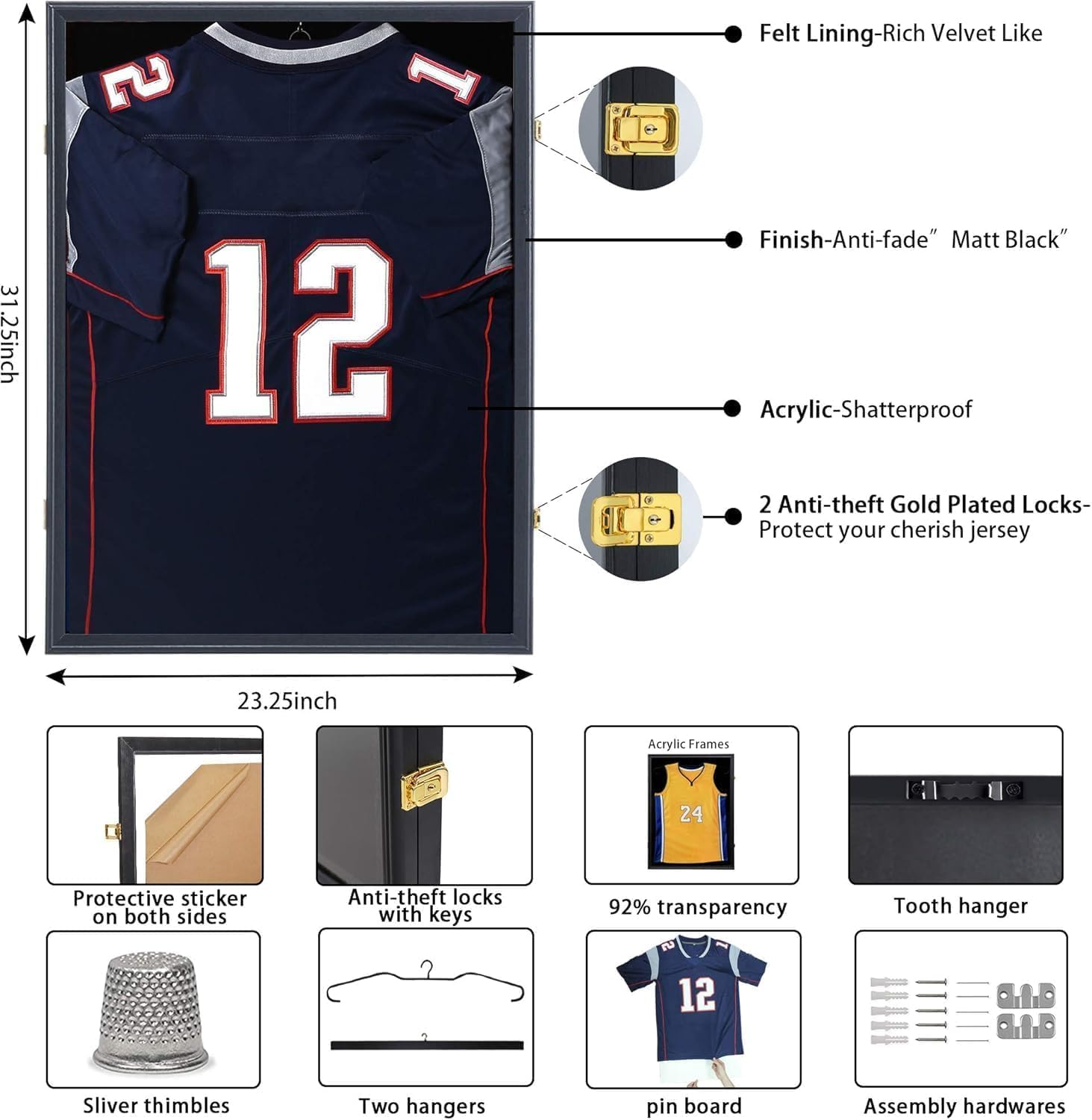 Jersey Display Frame Case Lockable,Sport Jersey Shadow Box with UV Protection,Large Sports Jersey Showcase Box for Football Basketball Baseball Hockey Black(1Pack) image number 2