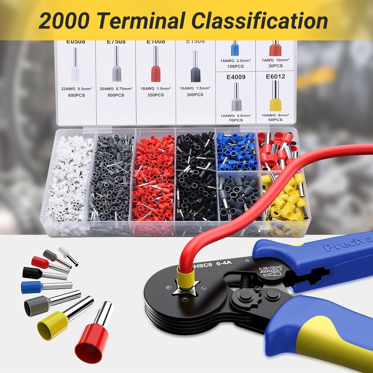 Preciva Ferrule Crimping Tool Kit with 2000PCS Wire Connectors, AWG23-7 Self-Adjustable Ratchet Wire Crimping Tool Kit Crimper Plier Set (Blue) image number 3