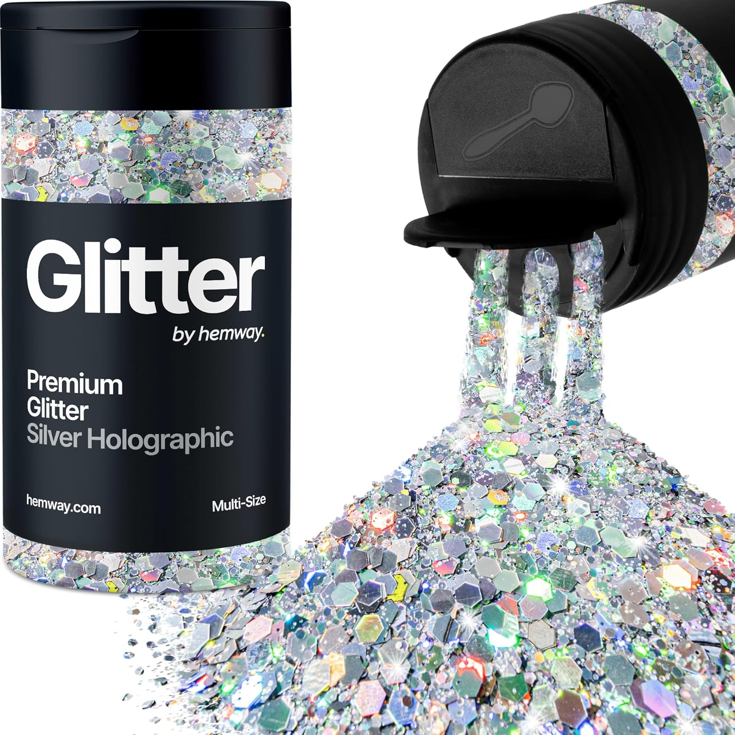 Hemway Black Holographic 5 Size Glitter Mix 120G/4.2Oz Fine Chunky Metallic Resin Craft Multi-Size Glitter Flake Sequin Shaker for Epoxy, Hair Face Body Eye Nail Art Festival, DIY Party Decorations