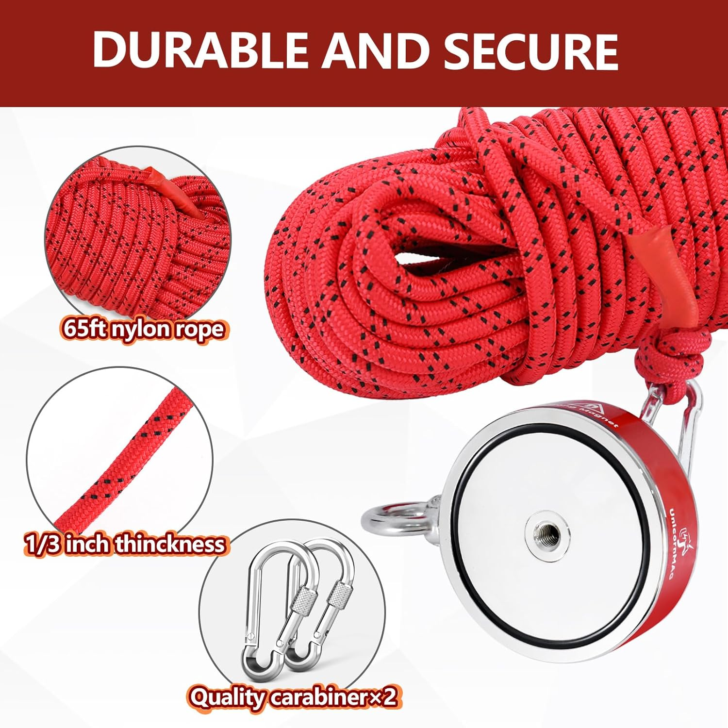 Unicornmag Magnet Fishing Kit | 2200LBS Double Sided Strong Magnet | 65 Ft Rope | Strong Magnets for Treasure Hunting & Underwater Cleaning | Ideal for Magnet Fishing Hobbyists image number 2