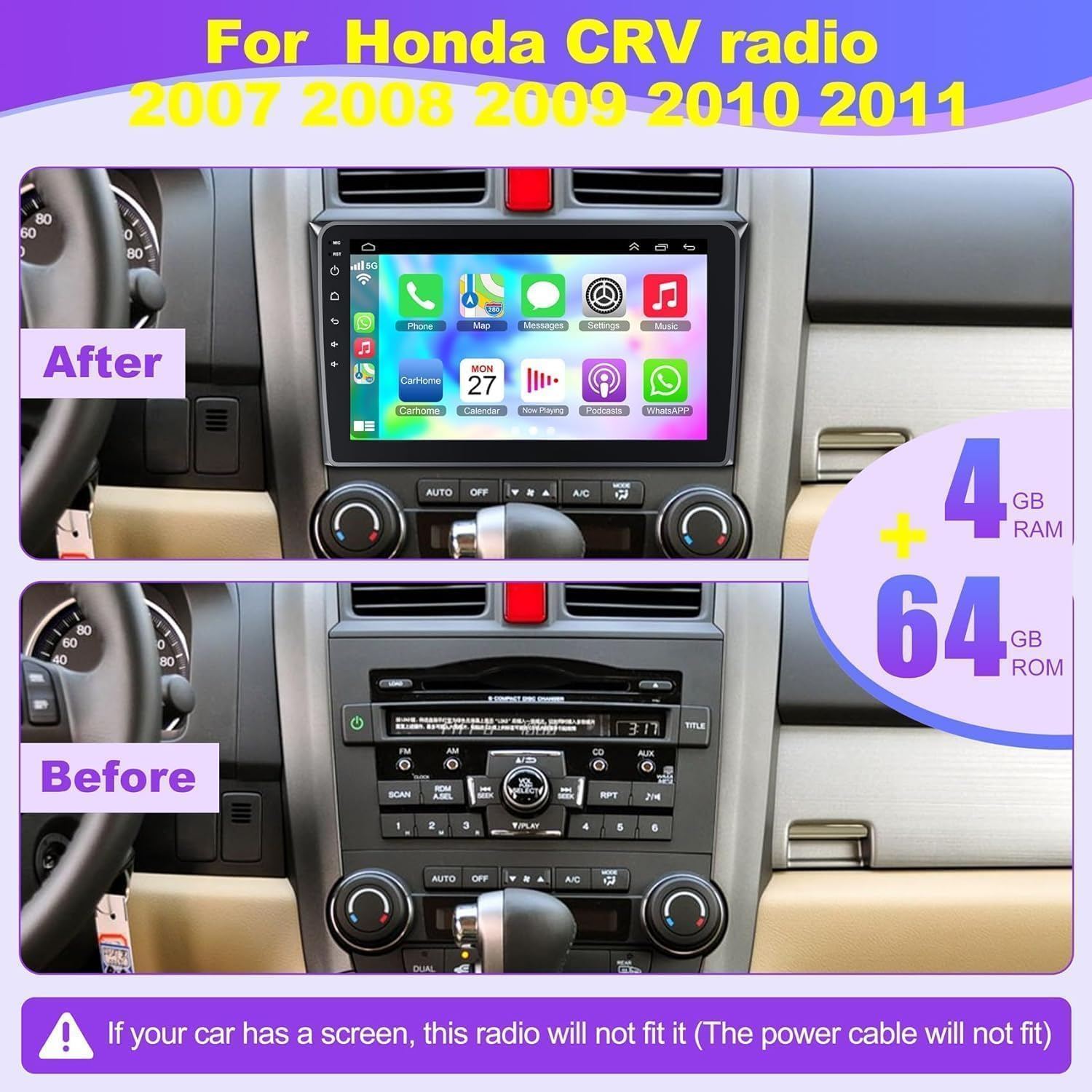 4G+64G Android 12 Car Radio for Honda CRV 2007-2011, 9'' Head Unit Stereo with Wifi/5G, Wireless Carplay+Android Auto, GPS Navigation, Bluetooth5.2, 1080P Rear Camera, Touch Screen, SWC, FM Radio image number 3