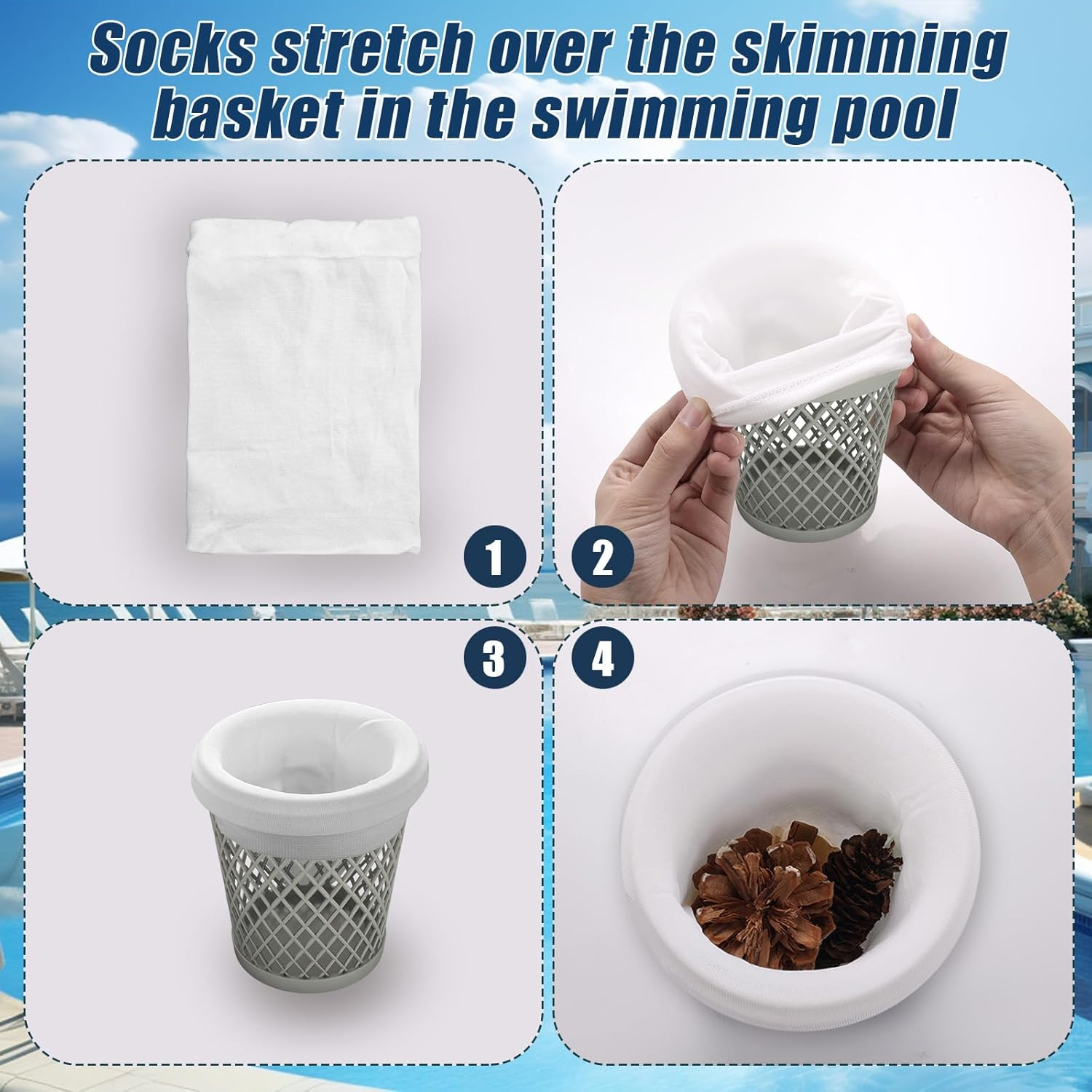 40Pcs Pool Skimmer Filter Socks, Stretchable Skimmer Basket Net Filter Socks for Swimming Pool Leaves Impurities Fine Sand Debris & Other Sundries (White, Dark Blue) image number 1