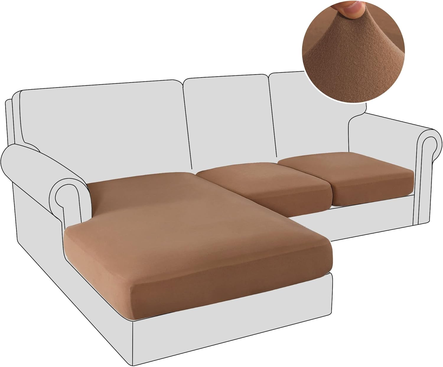 Princedeco 3 Pieces Stretch Sofa Seat Cushion Covers L Shape Separate Cushion Couch Thick Chaise Cover Elastic Fit Furniture Protector for Both Left/Right Sectional Couch (3 Seater, Camel) image number 6
