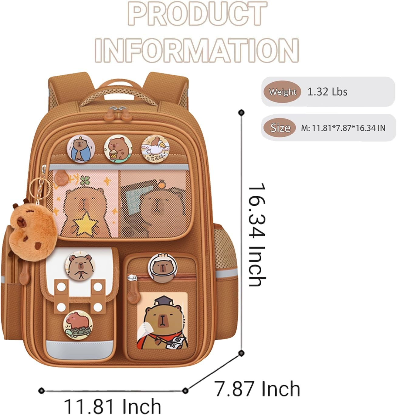 DHUENIOPE Cute Capybara Backpack with Chic Case and More Pins Ita Bag Cartoon Laptop Travel Utility Funny Going Out Casual Bag(Khaki), Brown, Large, Cute image number 4