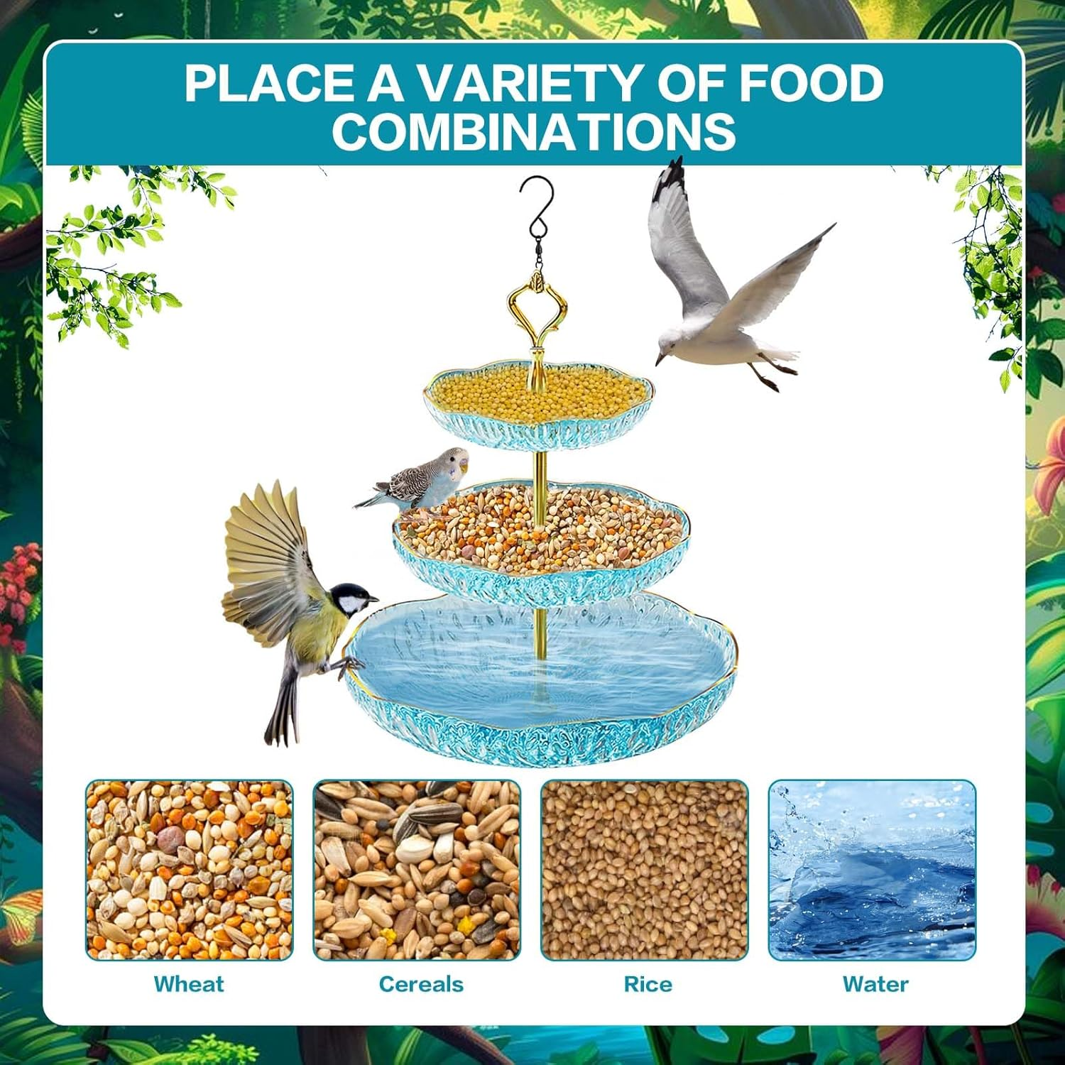 SUSOO 3-Tier Bird Feeder with Hook Hanging, Outdoor Wild Feeding Station for Stylish Garden,Yard, Pathway Landscape Decoration, Easy-Clean Small Animals Food Feeder for Bird Lovers Gift（42Cmx24Cm）